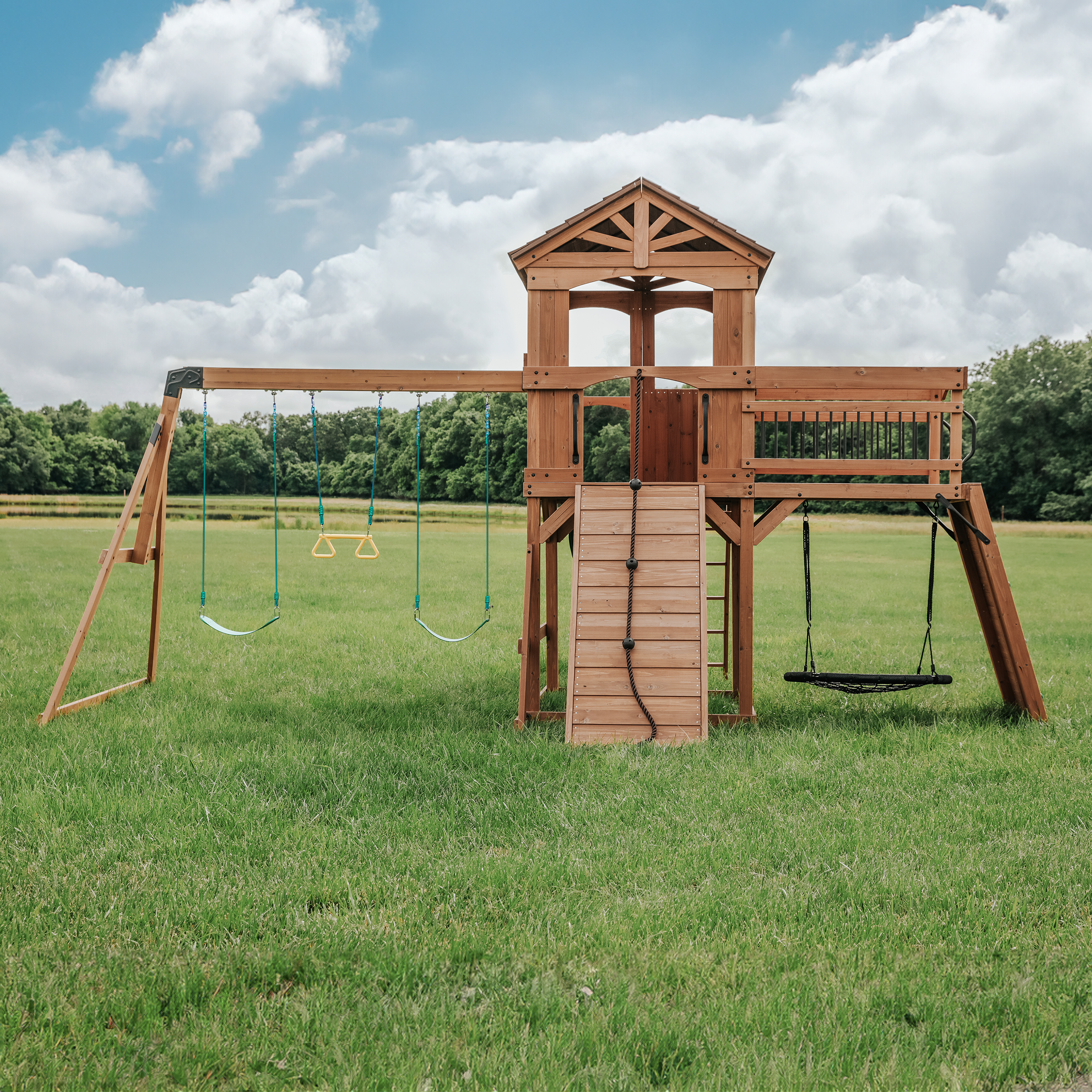 Backyard Discovery Sterling Point Play Set with 3 Swings and Slide - Climbing Wall & Rock Wall - Trapeze - Sandbox - Walkway