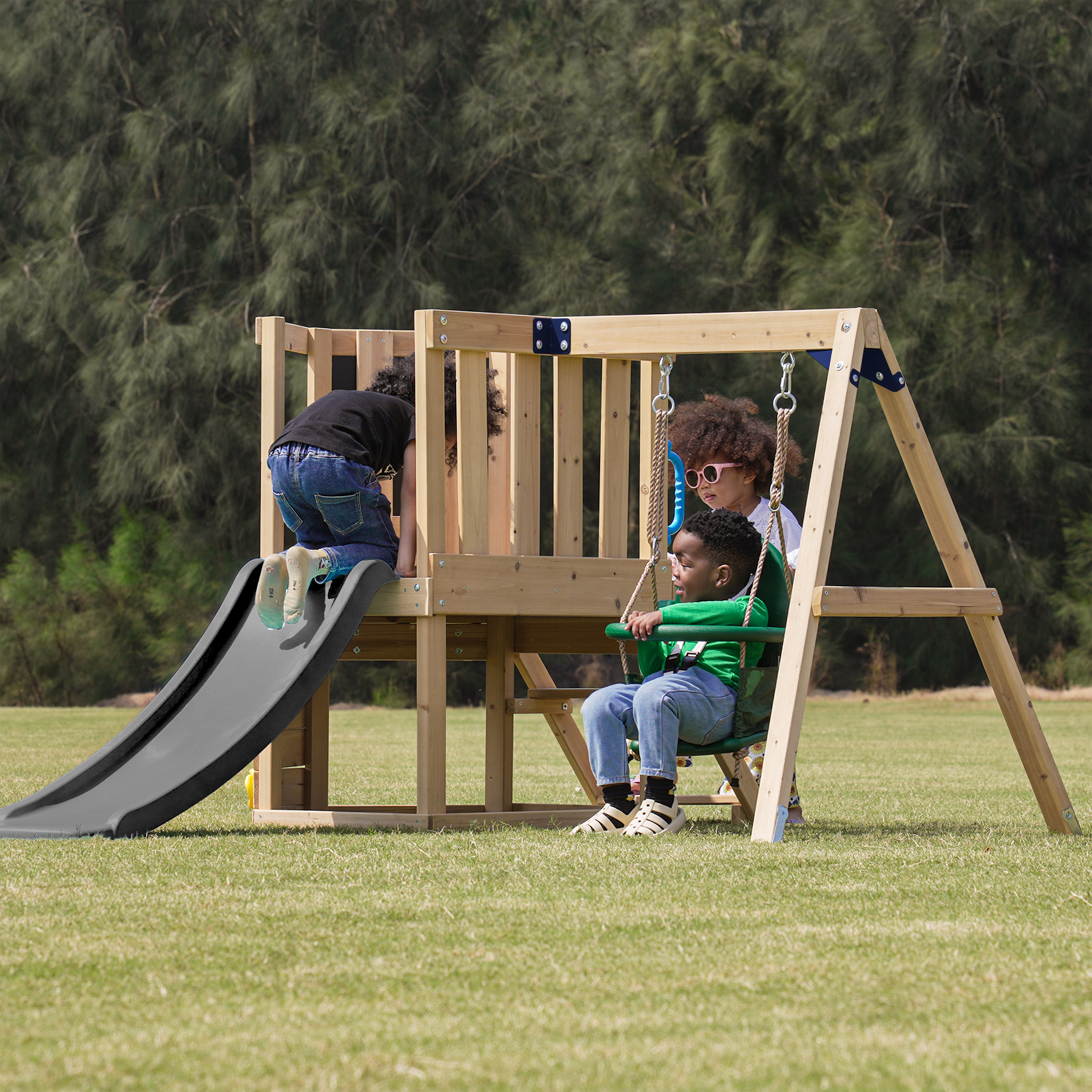 AXI Timo Mini Climbing Frame with Baby Swing. Climbing Wall and Chalkboard – Grey Slide