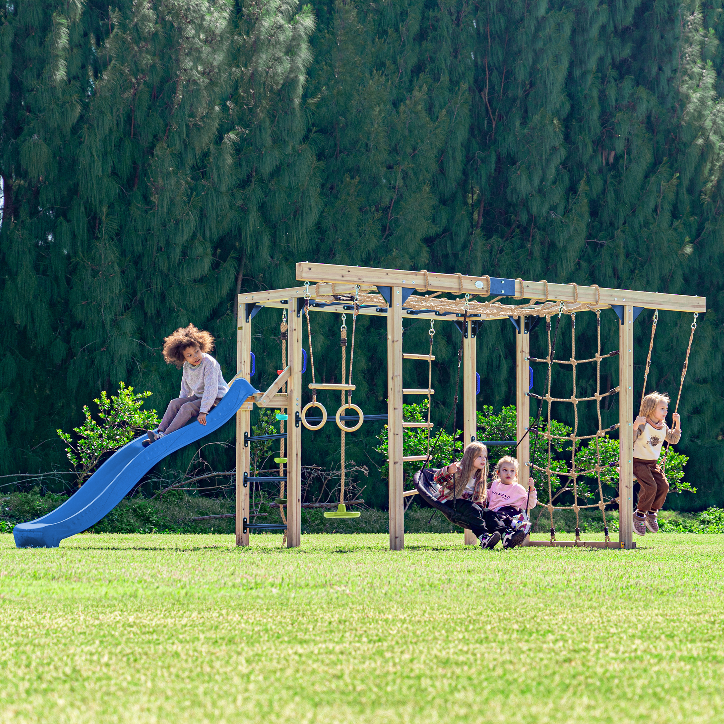 AXI Boris Wooden Playcentre with Swings. Trapeze. Climbing Nets and Monkey Bars – Blue Slide