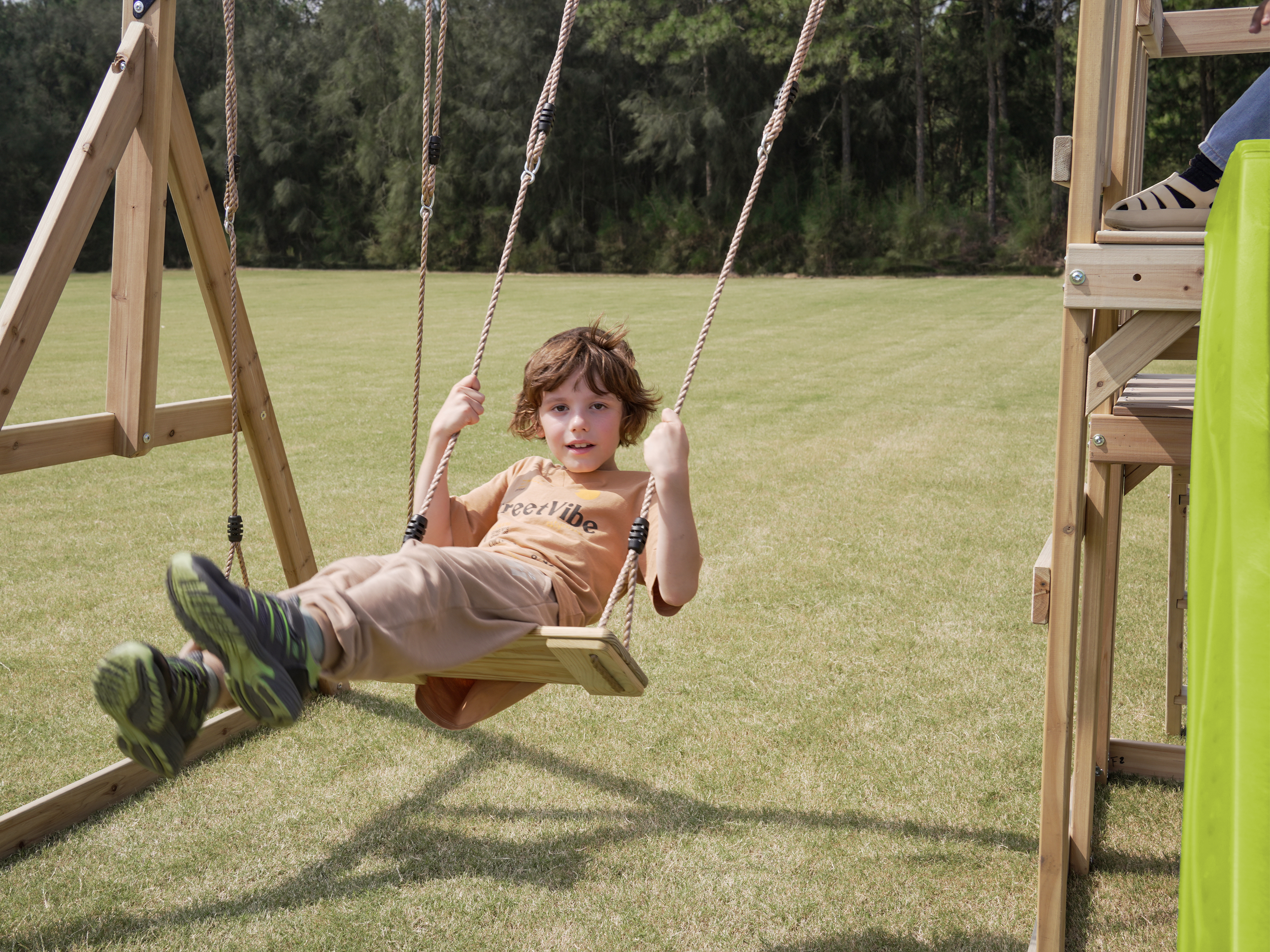 AXI Mette Climbing Frame with Double Swing Set and Picnic Table - Lime Green Slide