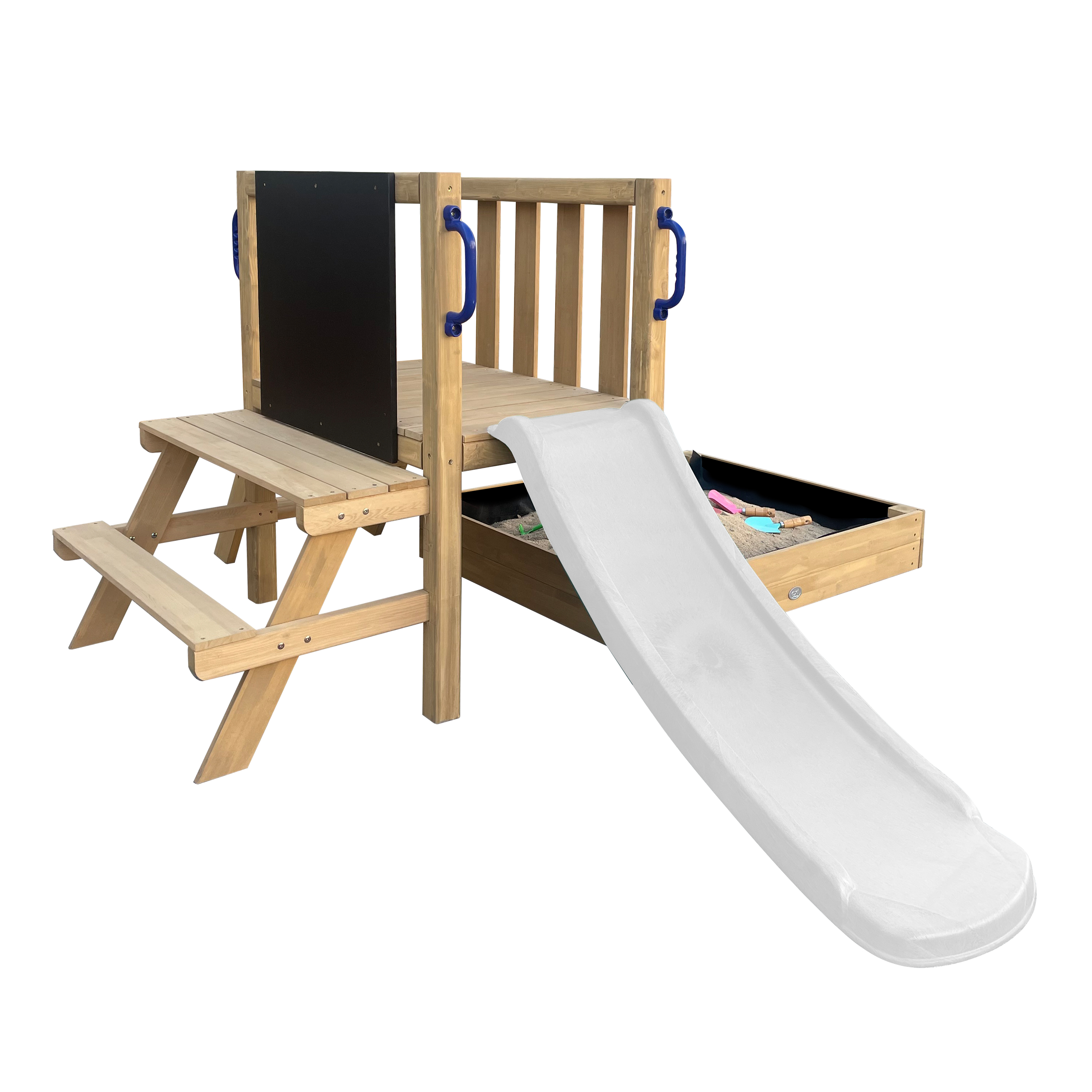 AXI Leah Mini Wooden Playtower with Sandbox, Picnic Table & Chalkboard – White Slide