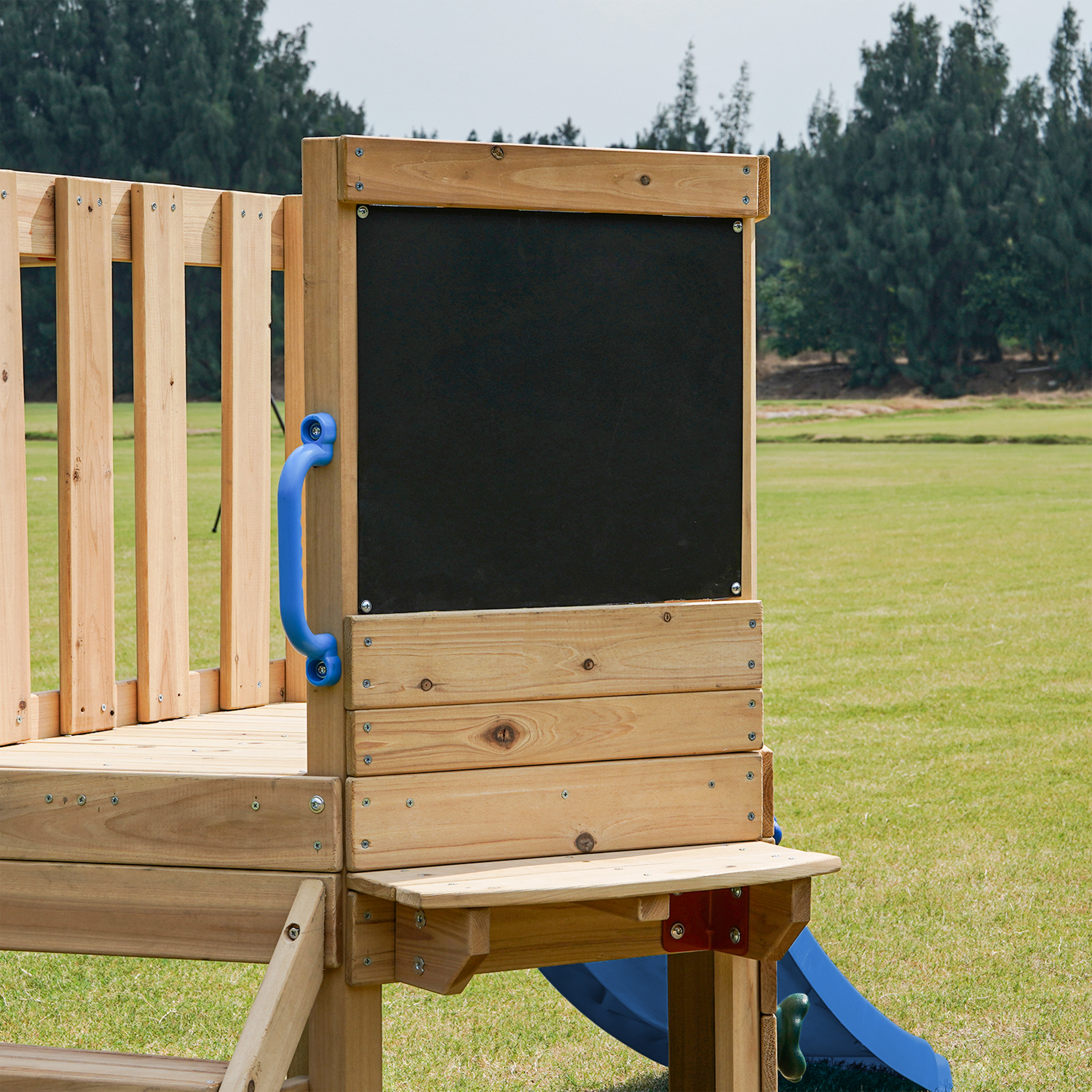 AXI Timo Mini Climbing Frame with Baby Swing. Climbing Wall and Chalkboard – Blue Slide