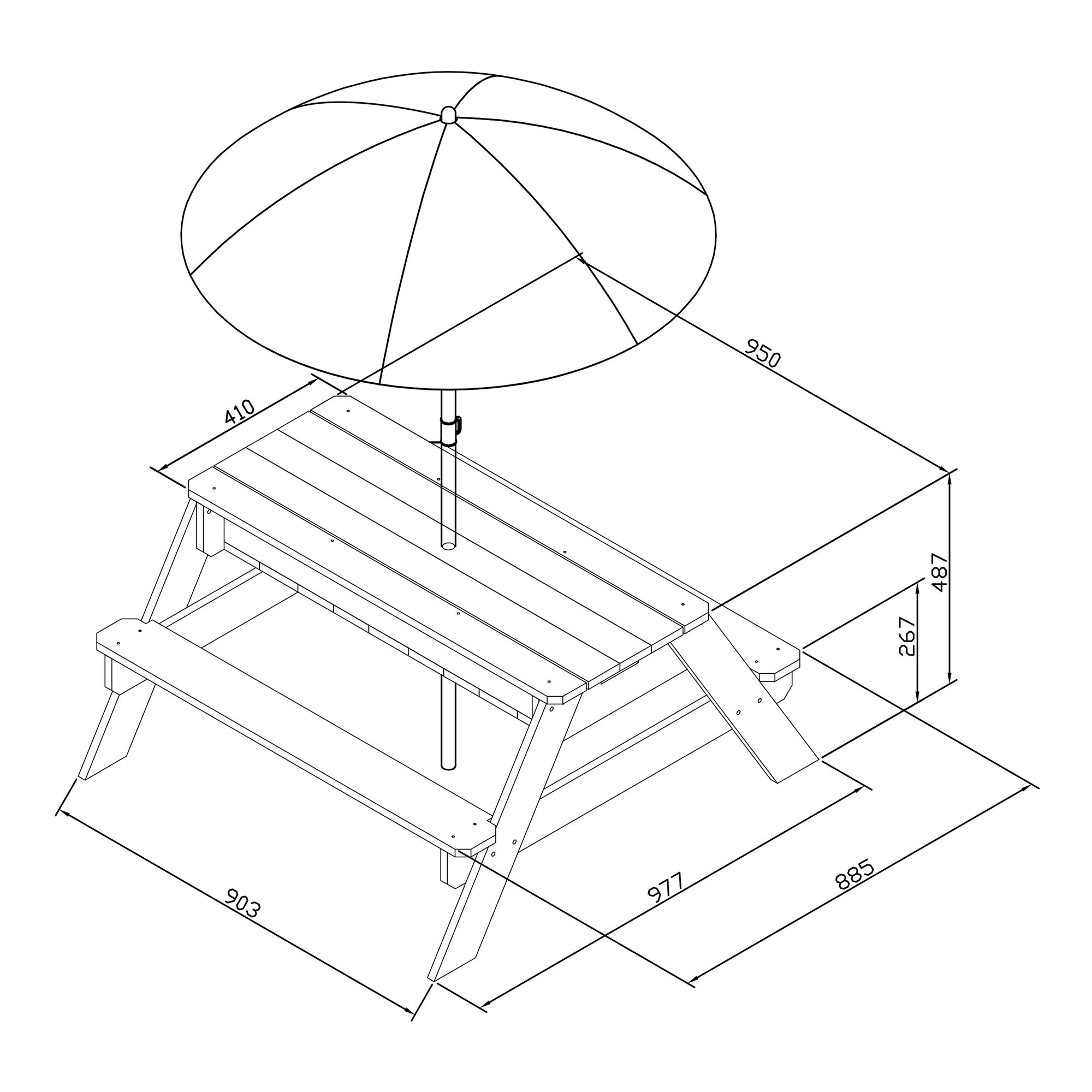 maattekening AXI Nick Zand & Water Picknicktafel Bruin/wit - Incl. hoogte verstelbare Parasol - FSC 100% Hout