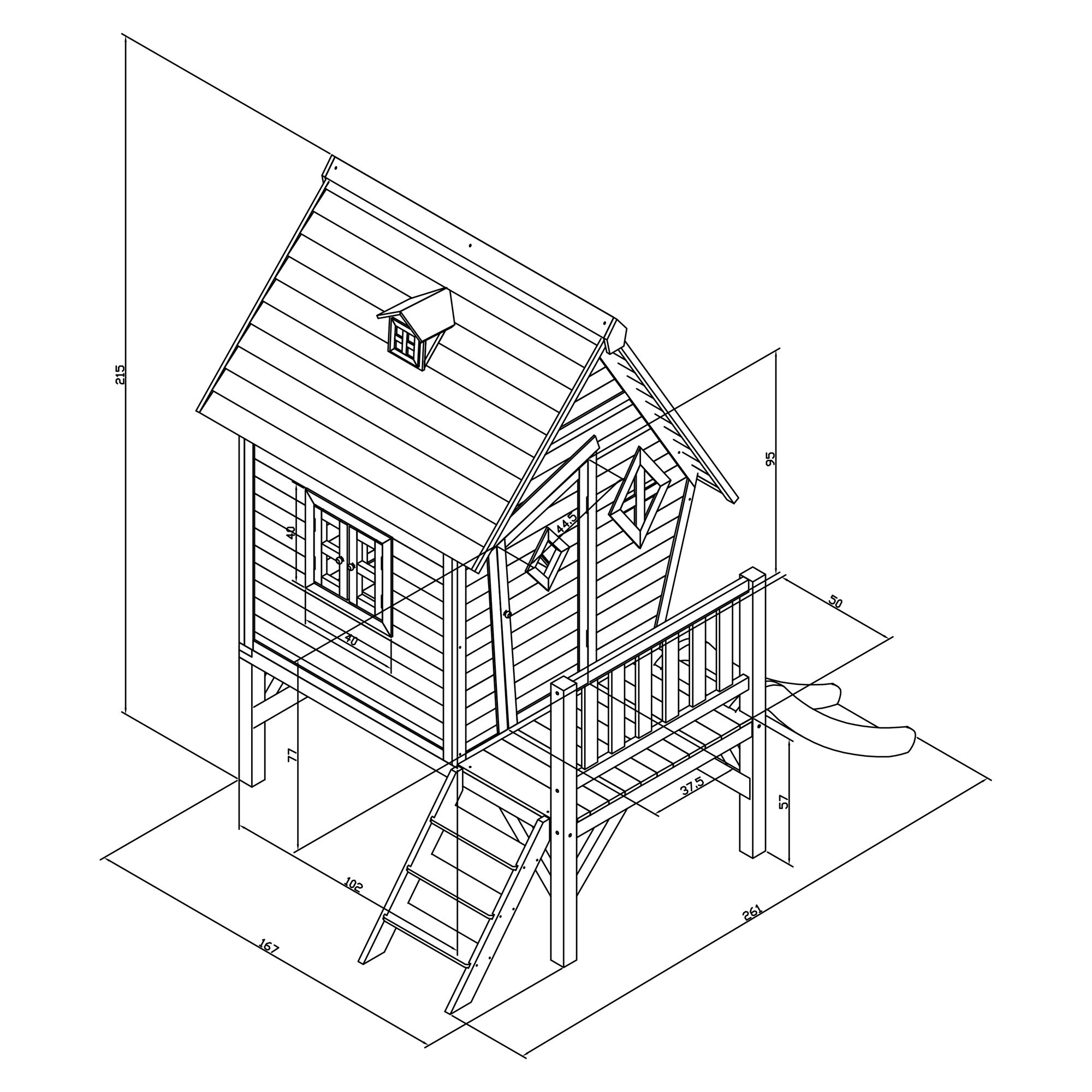 maattekening AXI Cabin XL Speelhuis Grijs/wit - Limoen groene Glijbaan