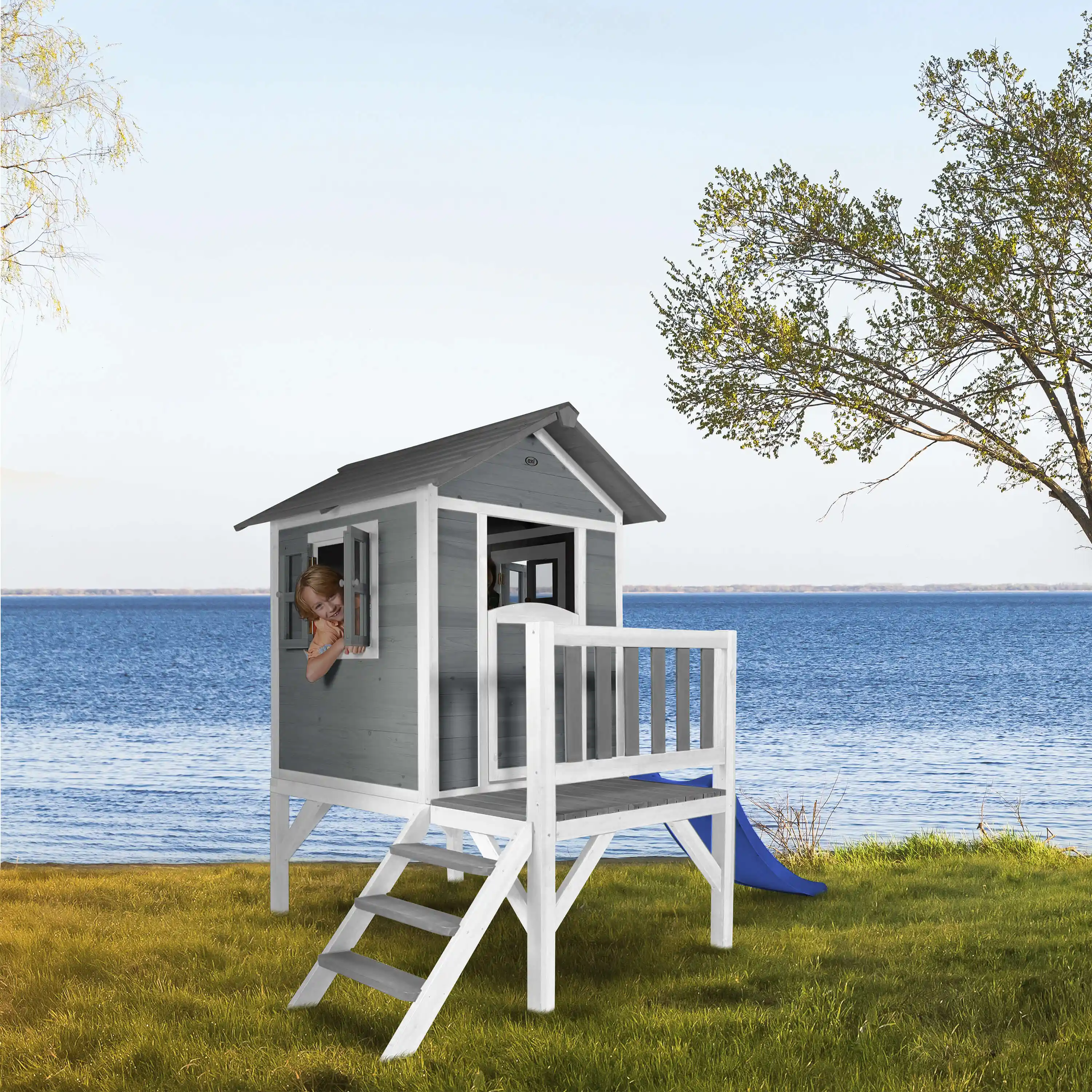 AXI Lodge XL Playhouse Cool Grey - Blue Slide