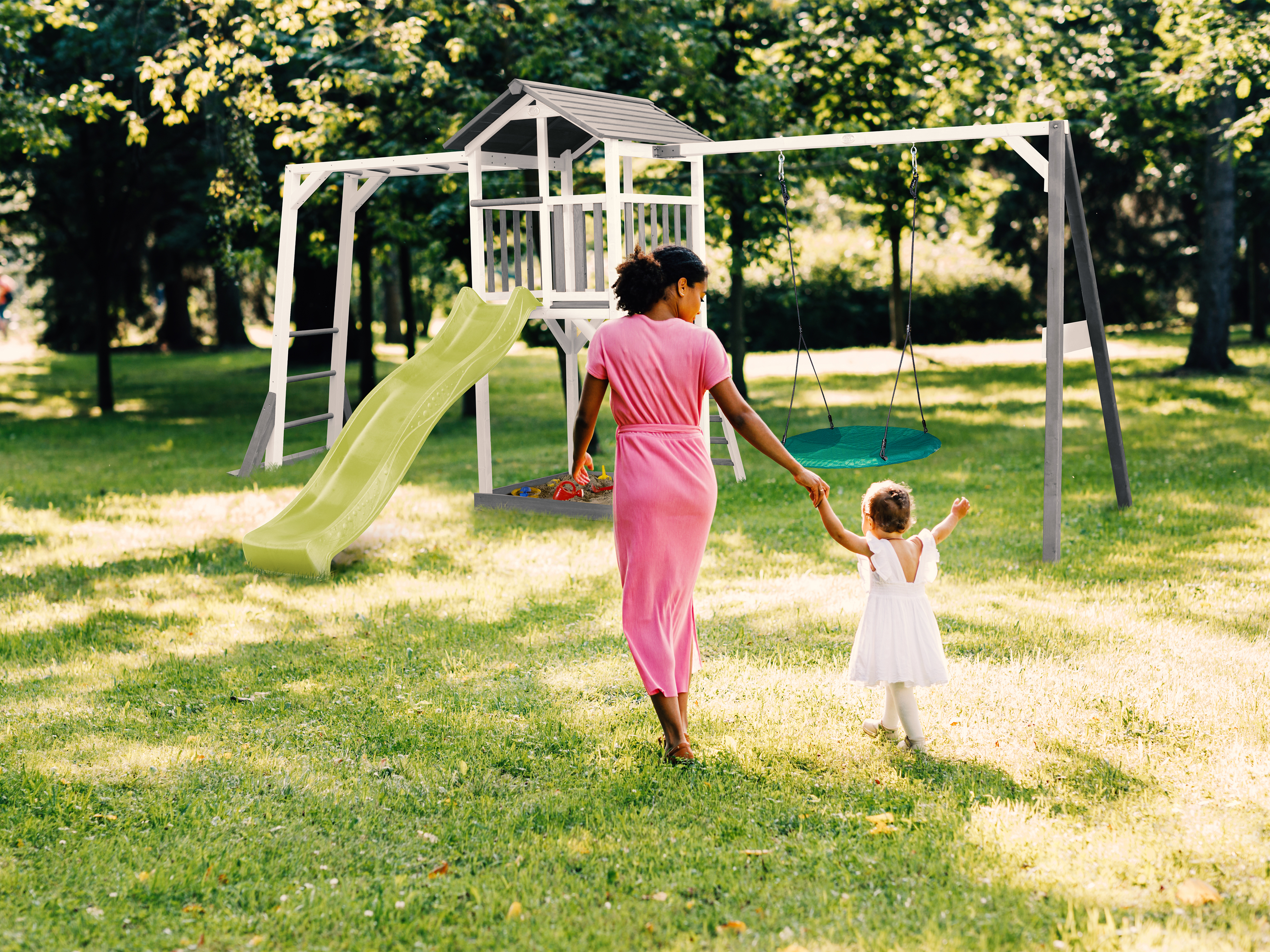 AXI Beach Tower with Climbing Frame and Summer Nest Swing Set Grey/White - Lime Green Slide