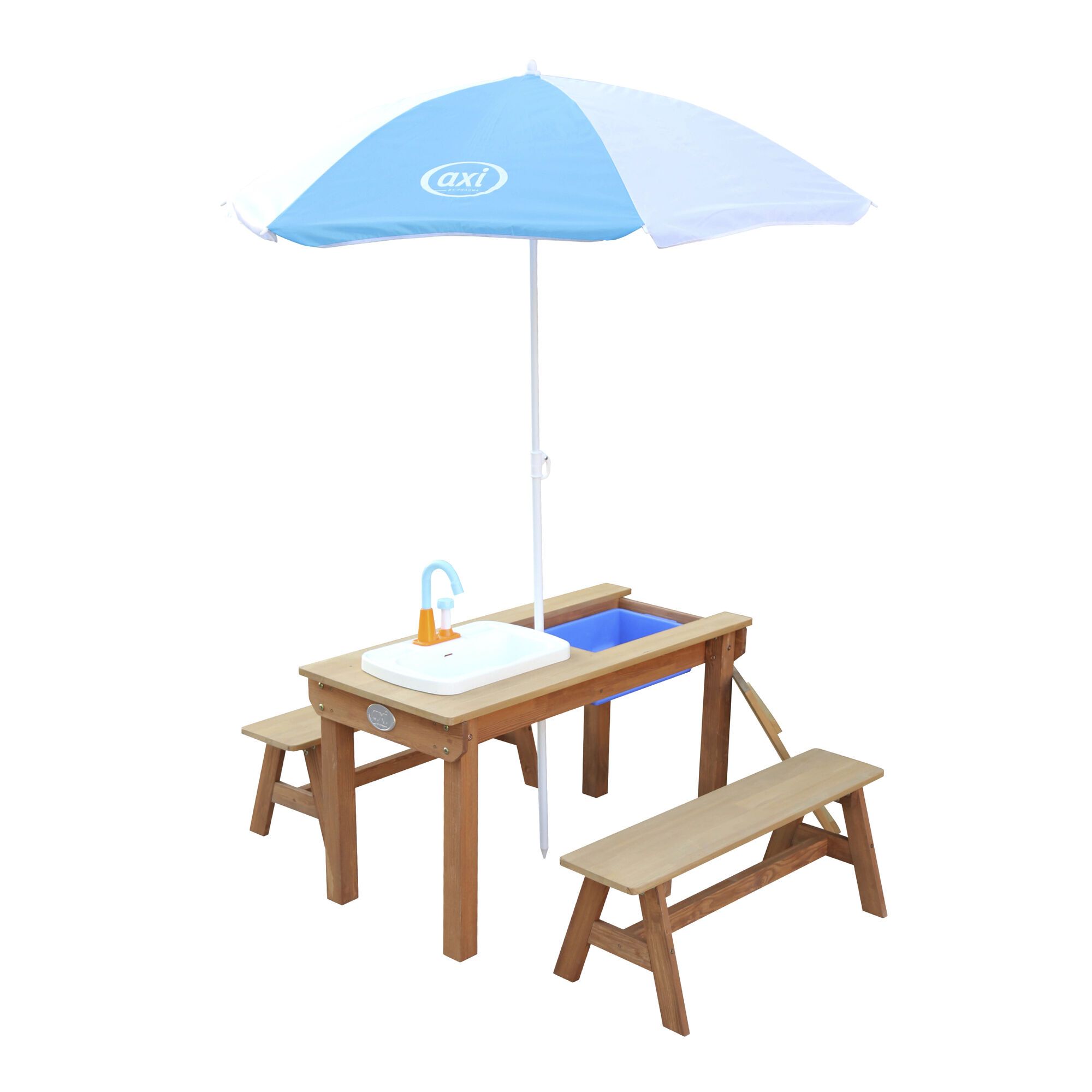 AXI Dennis Sand & Water Picnic Table with Play Kitchen Sink and Benches Brown - Umbrella Blue/White