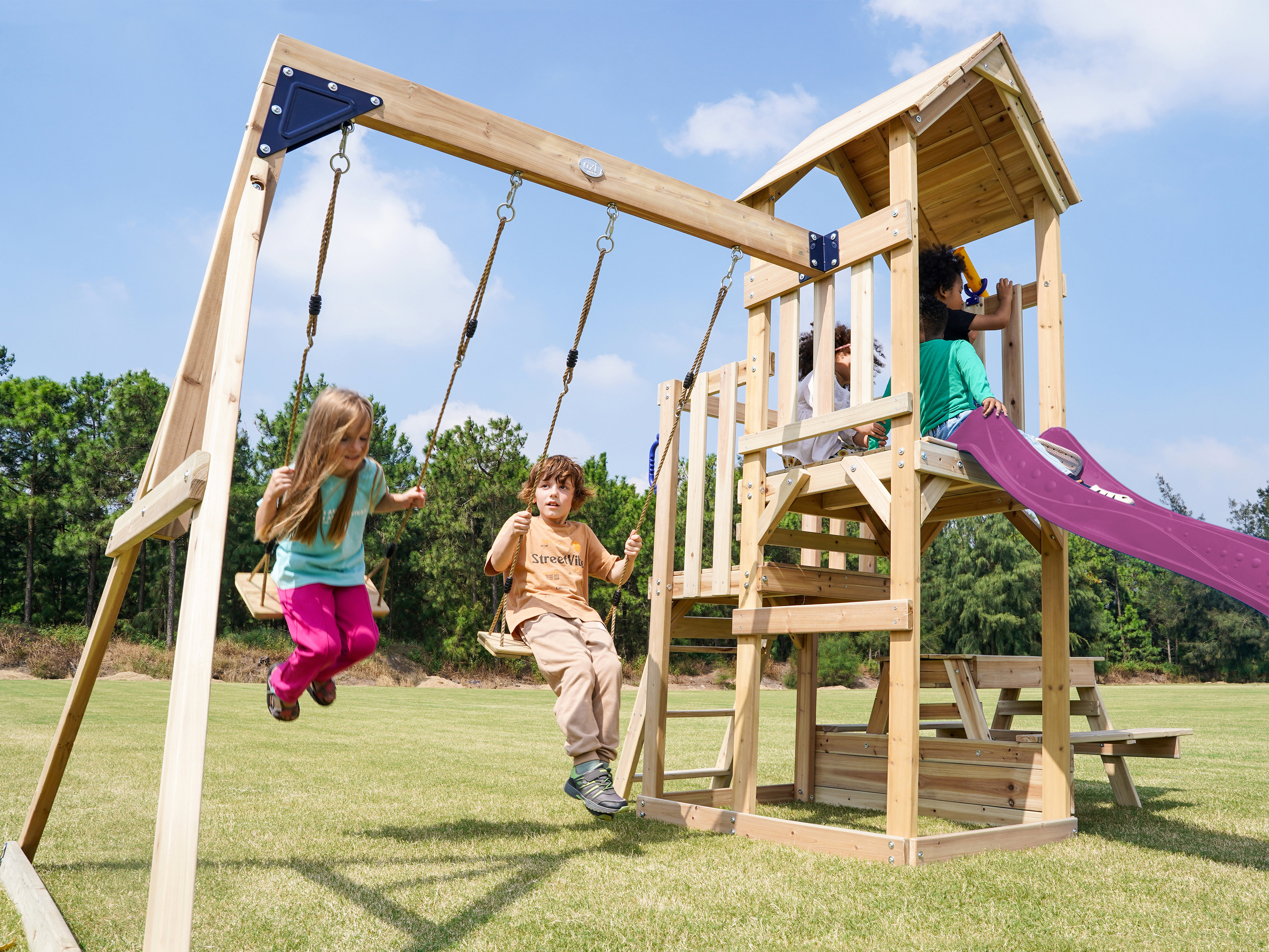 AXI Mette Climbing Frame with Double Swing Set and Picnic Table - Purple Slide