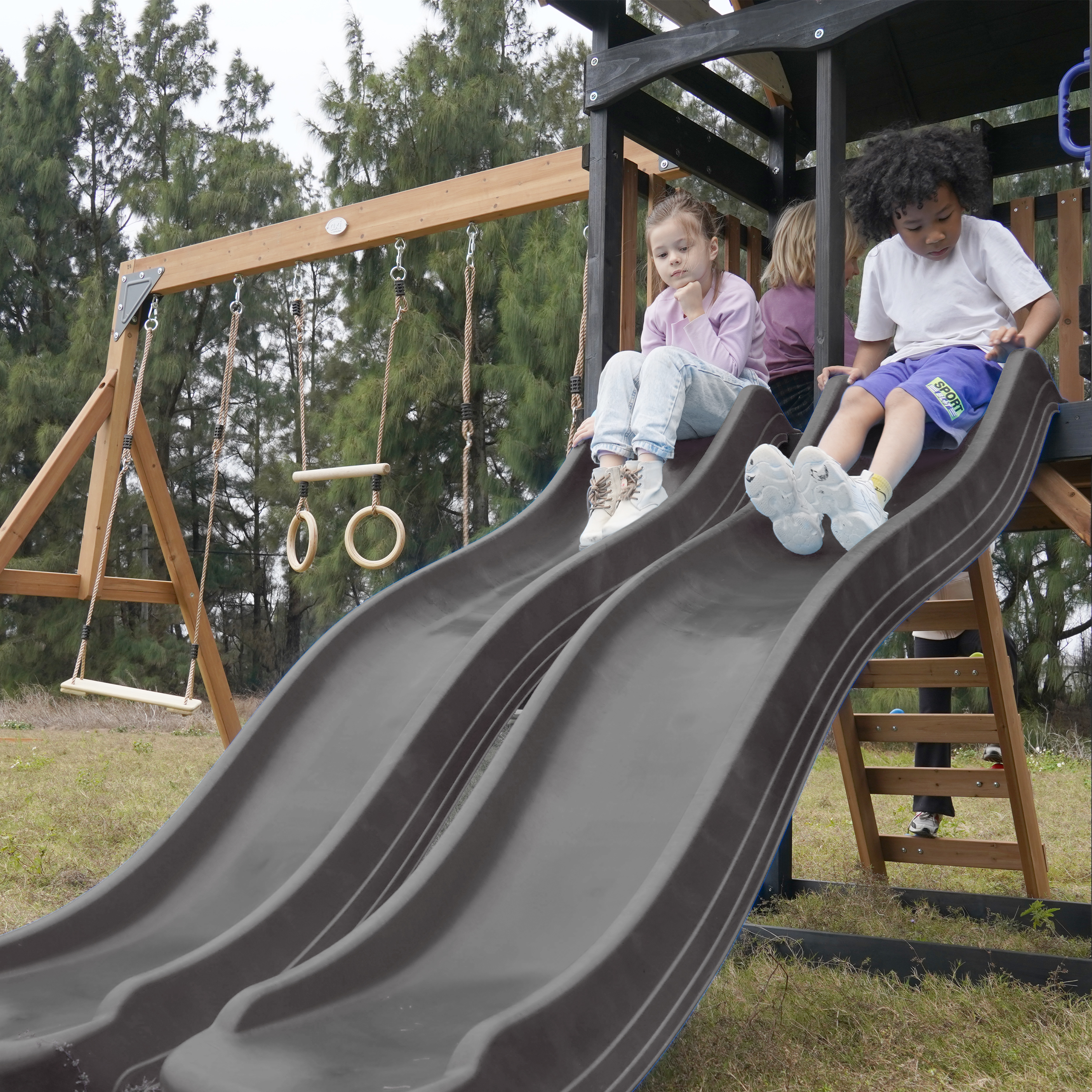 AXI Cody Climbing Frame with Swings. Trapeze and Climbing Wall – Grey Double Slide and Tube Slide