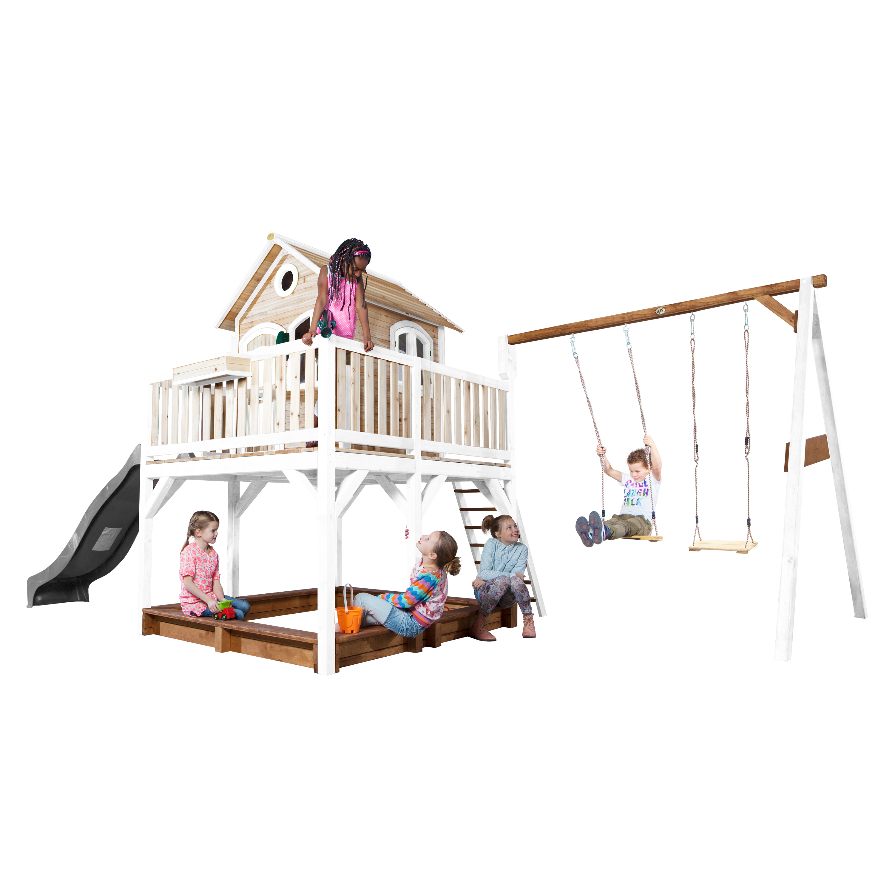 AXI Liam Playhouse with Double Swing Set Brown/White - Grey Slide