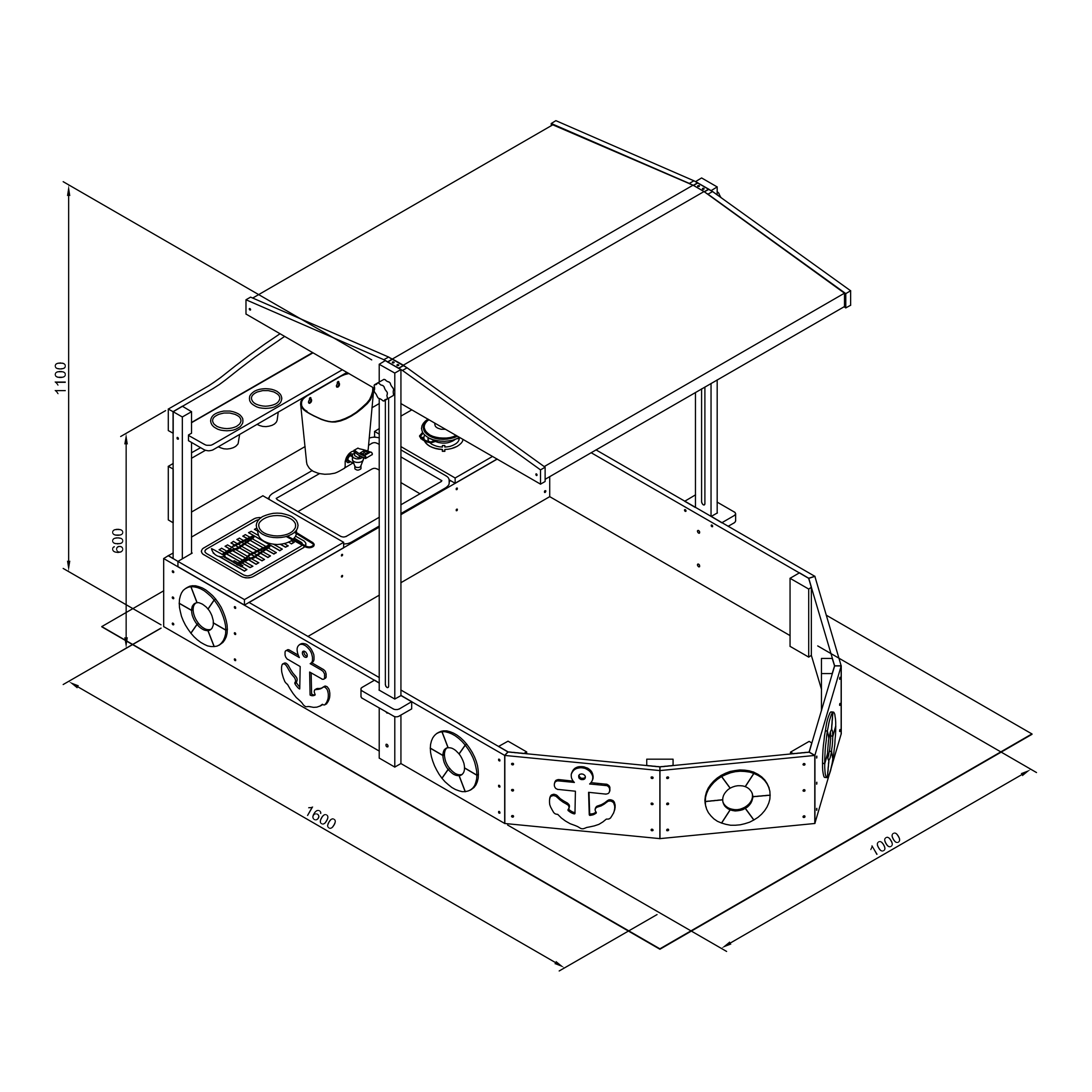 AXI Dora Boat Sandbox with Play Kitchen and Roof 160 x 100 cm Brown/Anthracite