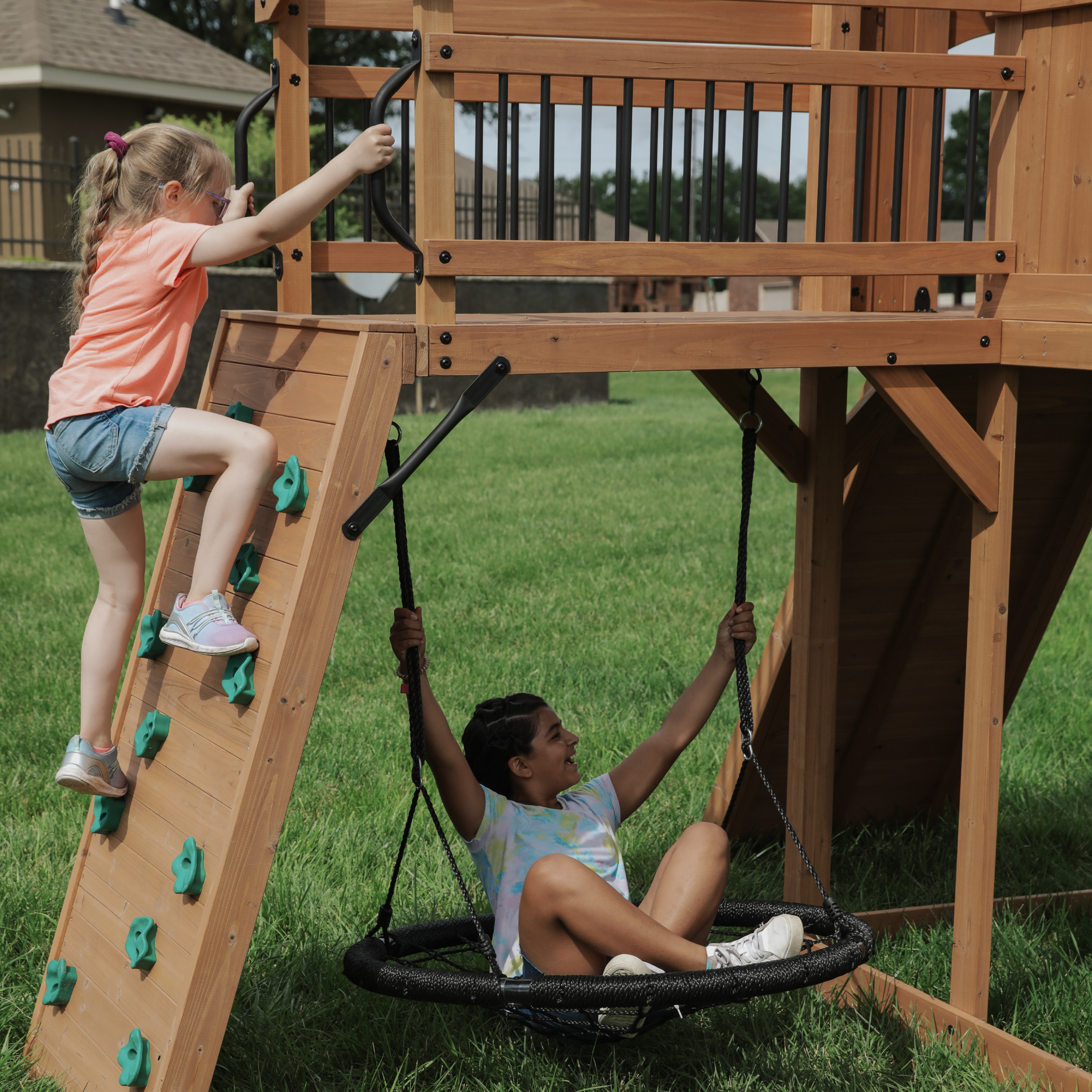 Backyard Discovery Sterling Point Play Set with 3 Swings and Slide - Climbing Wall & Rock Wall - Trapeze - Sandbox - Walkway