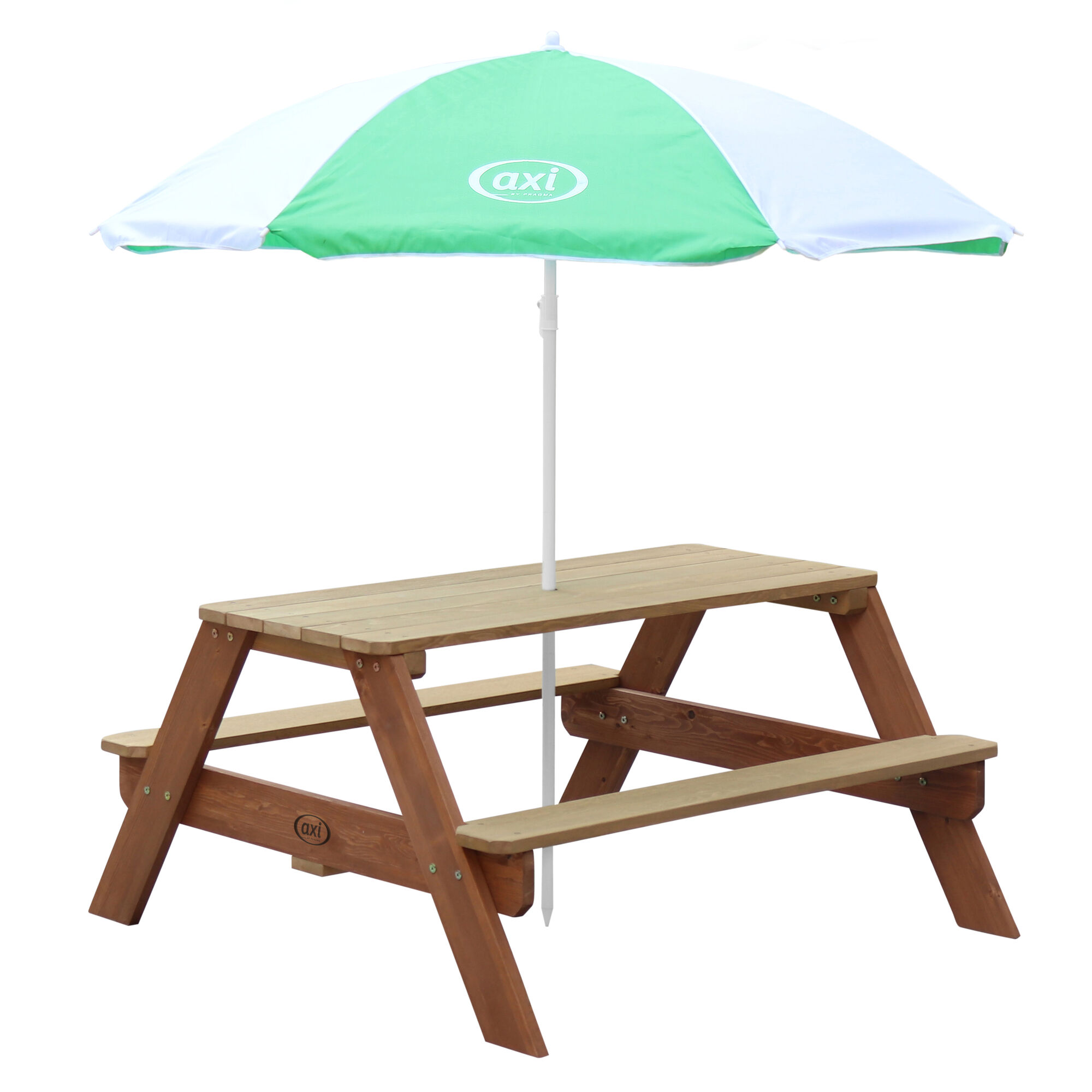 productfoto AXI Nick Picknicktafel Bruin Parasol Groen/wit