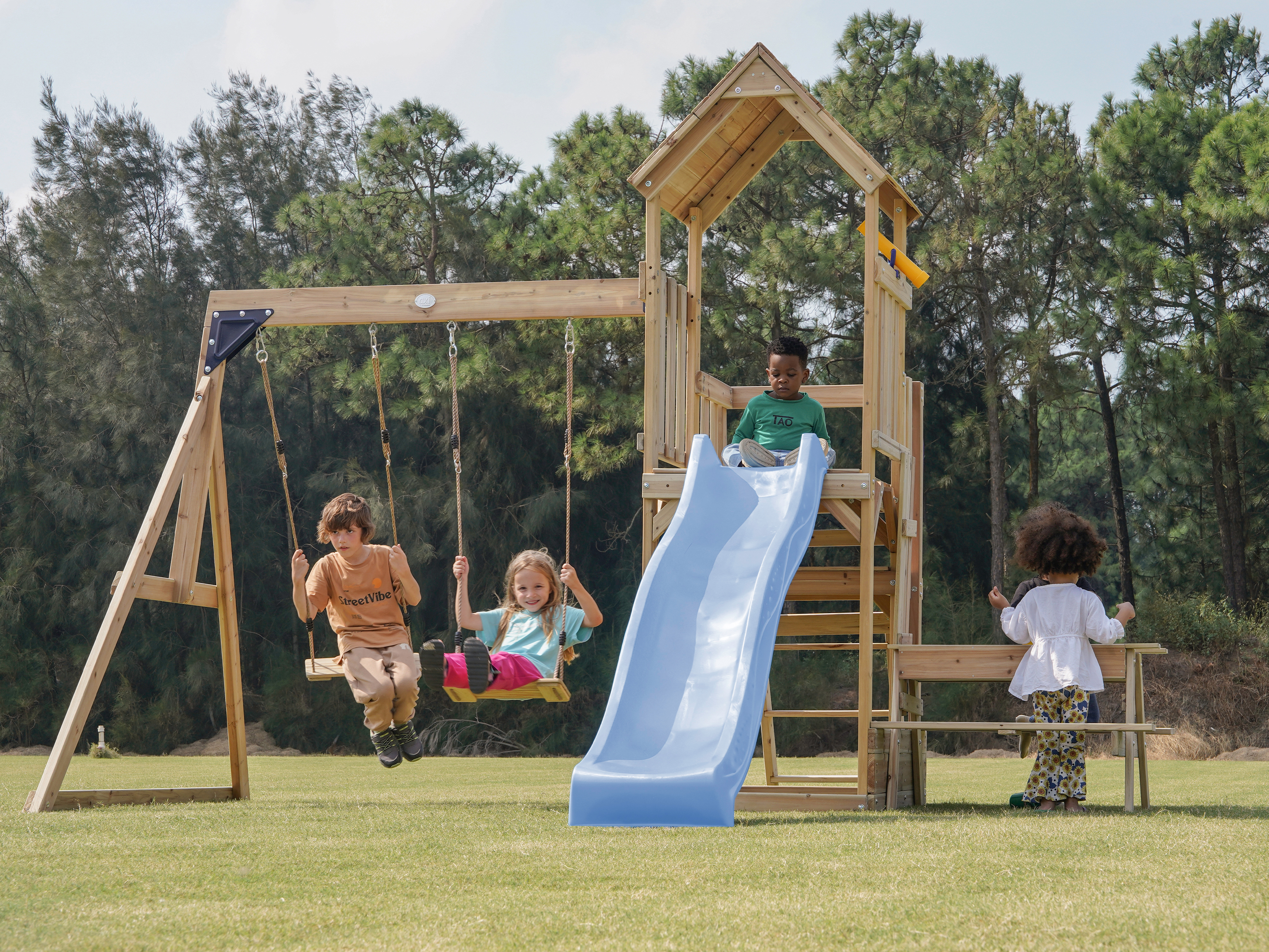 AXI Mette Climbing Frame with Double Swing Set and Picnic Table - Pastel Blue Slide
