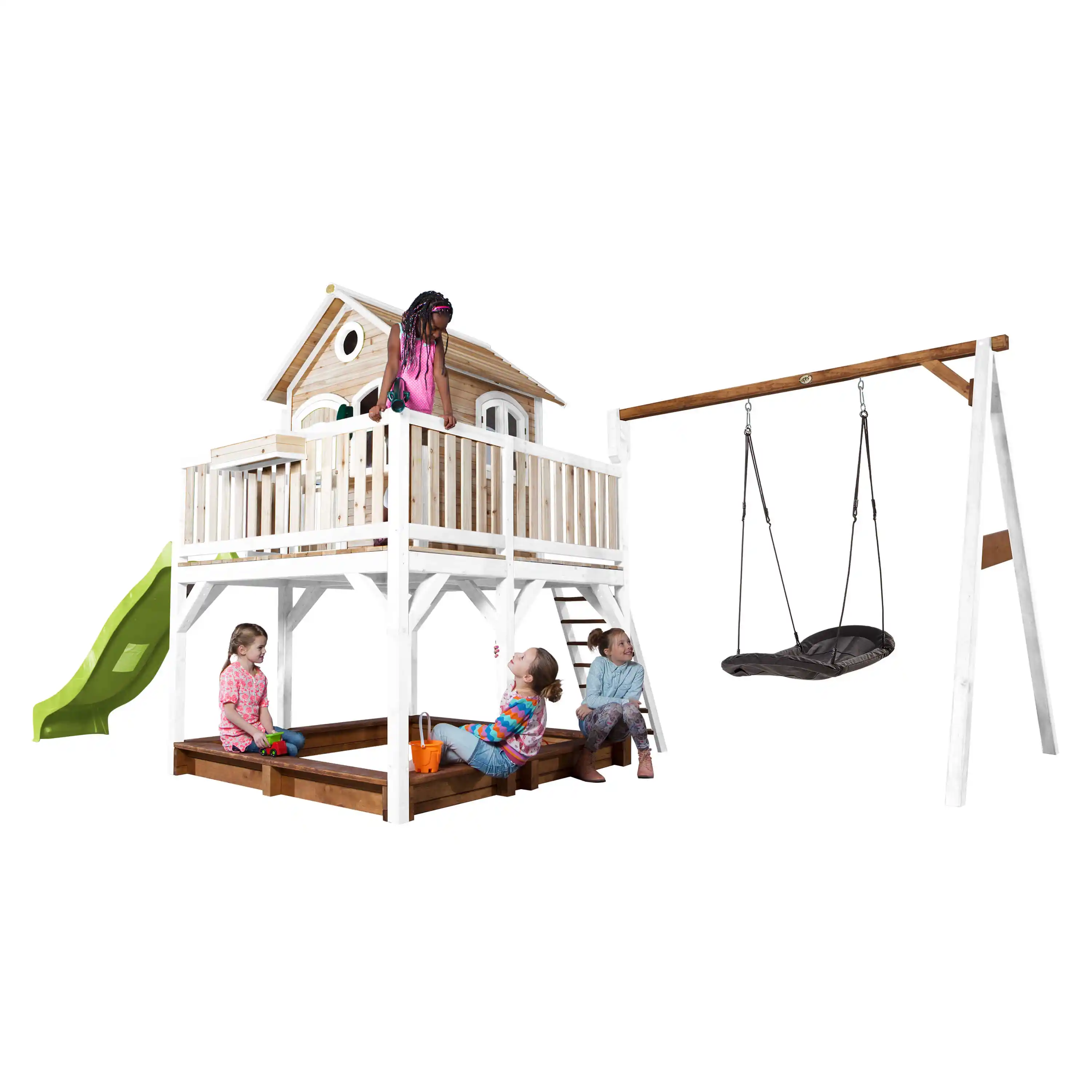 AXI Liam Playhouse with Roxy Nest Swing Set Brown/White - Lime Green Slide