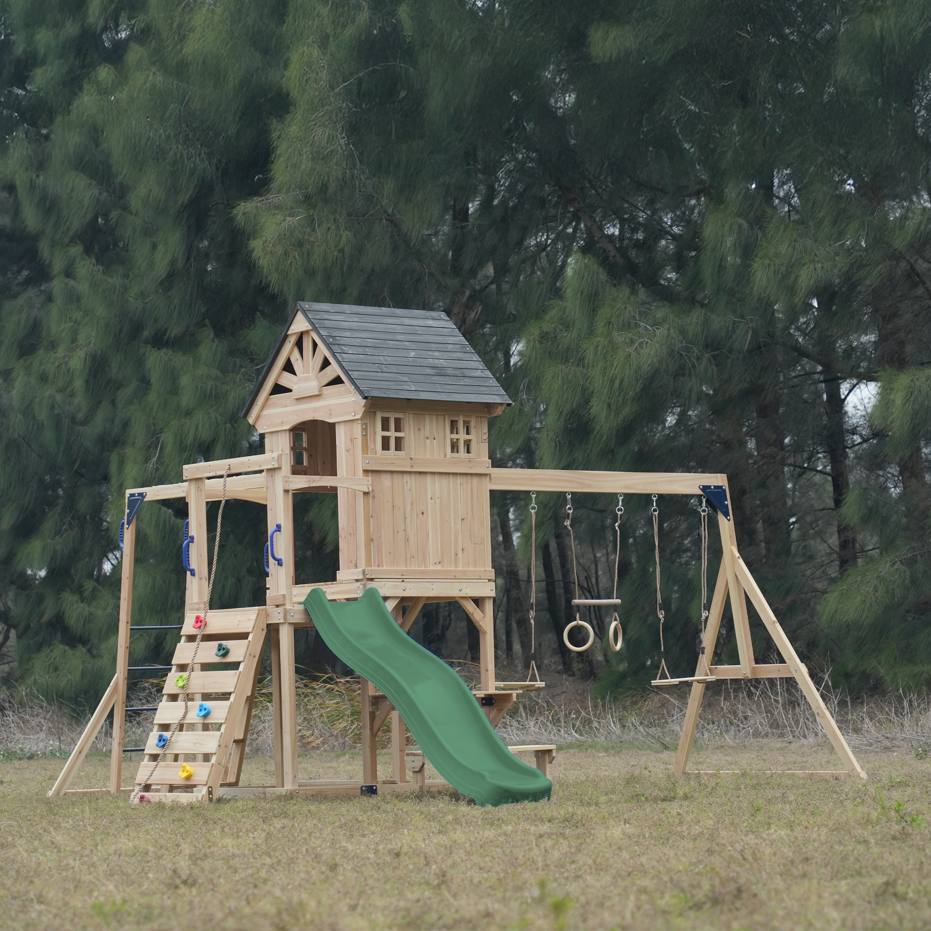 AXI Duncan Climbing Frame with Swings, Climbing Frames and Monkey Bars – Green Slide