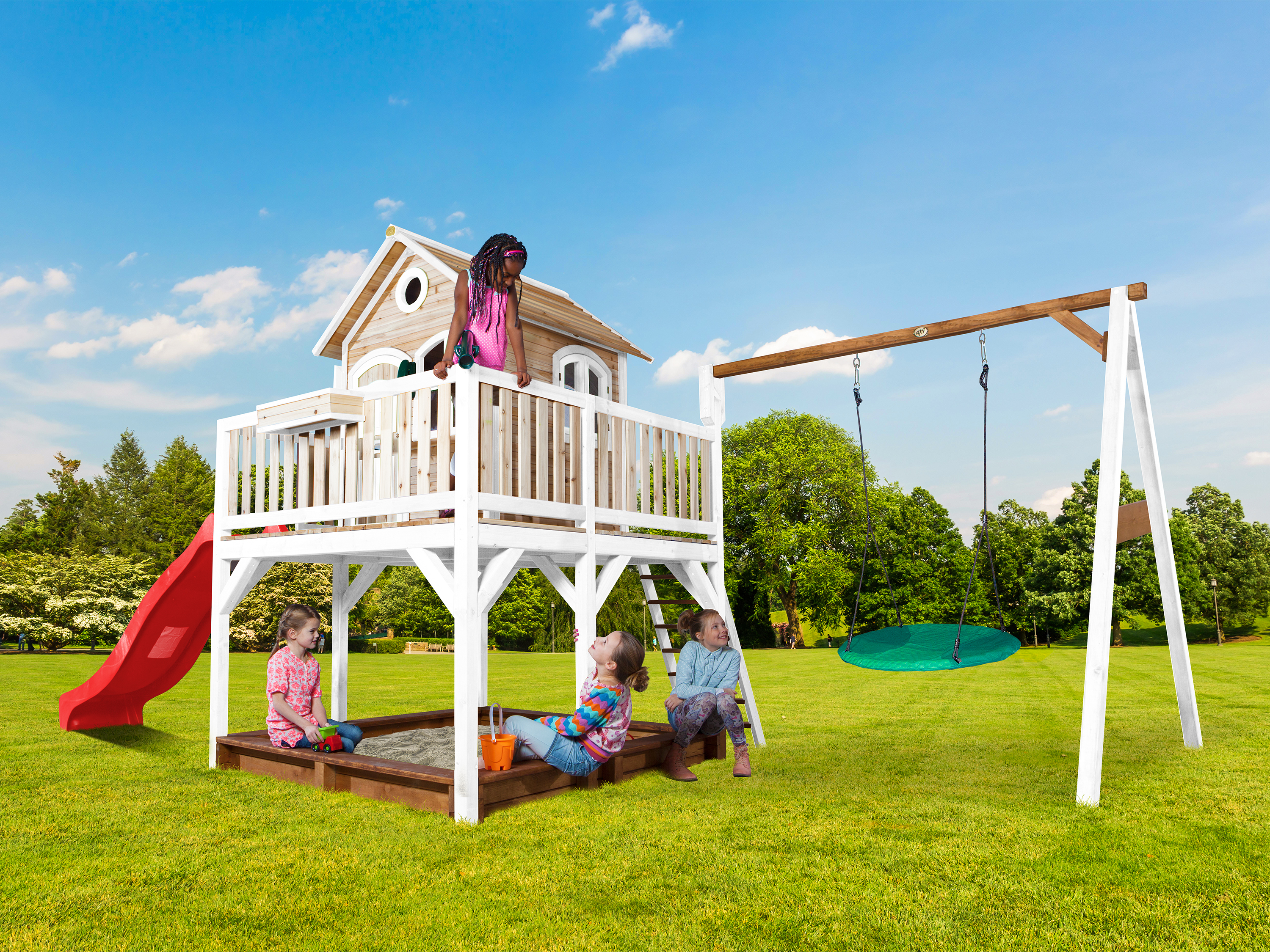 AXI Liam Playhouse with Summer Nest Swing Set Brown/White - Red Slide