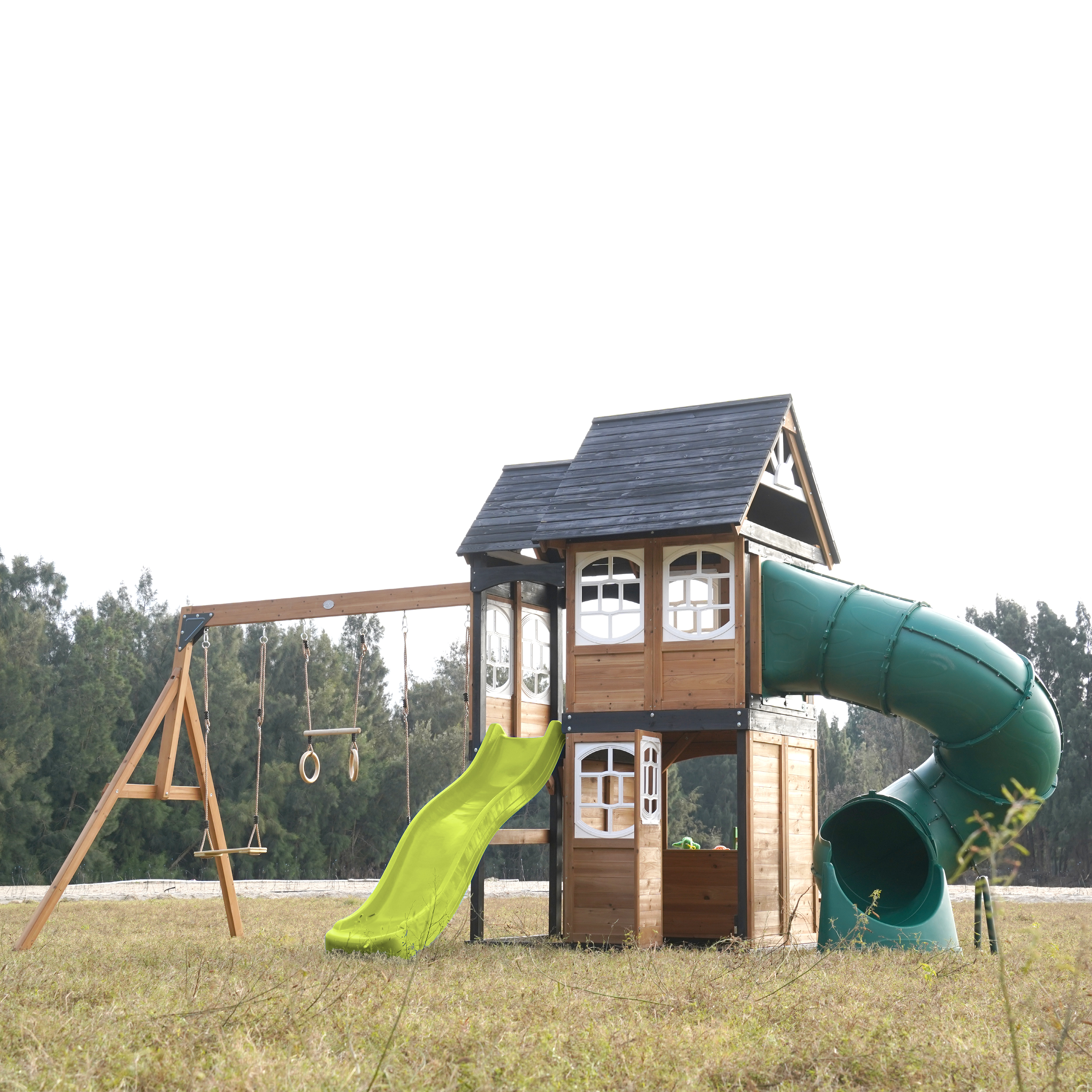 AXI Noud Climbing Frame with Playhouse, Swings, Trapeze and Climbing Wall – Lime Green Slide and Tube Slide