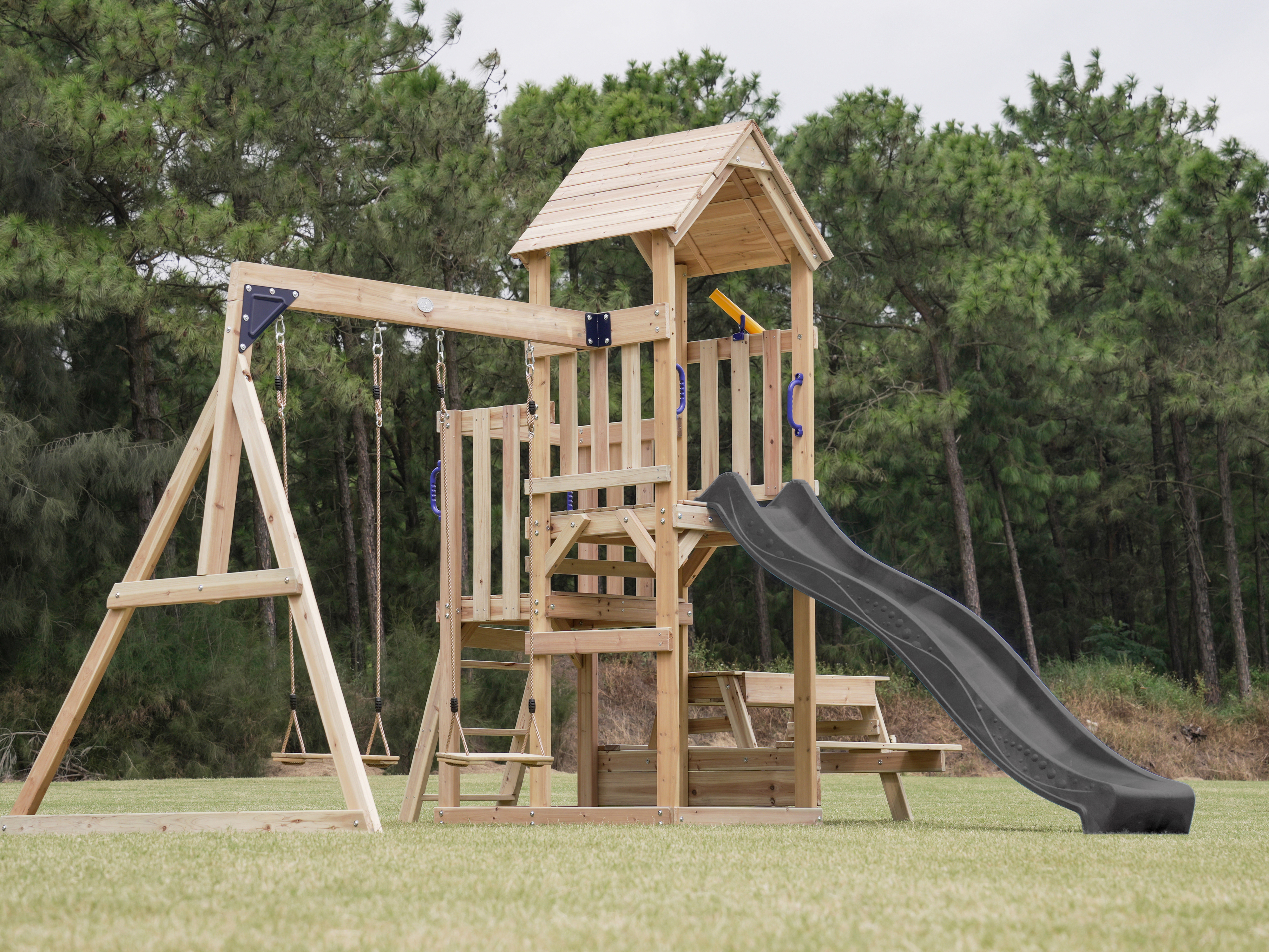 AXI Mette Climbing Frame with Double Swing Set and Picnic Table - Grey Slide