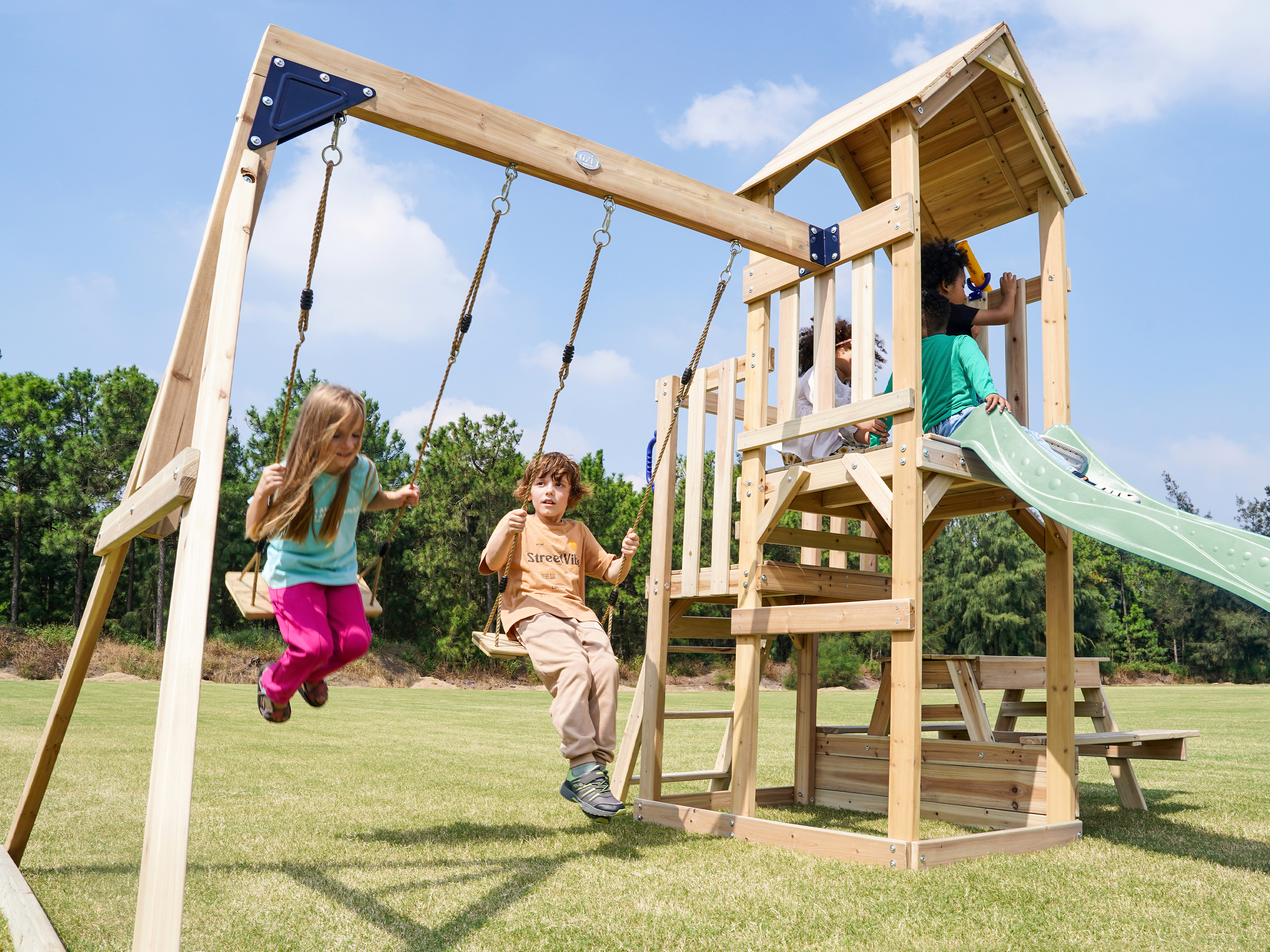 AXI Mette Climbing Frame with Double Swing Set and Picnic Table - Pastel Green Slide
