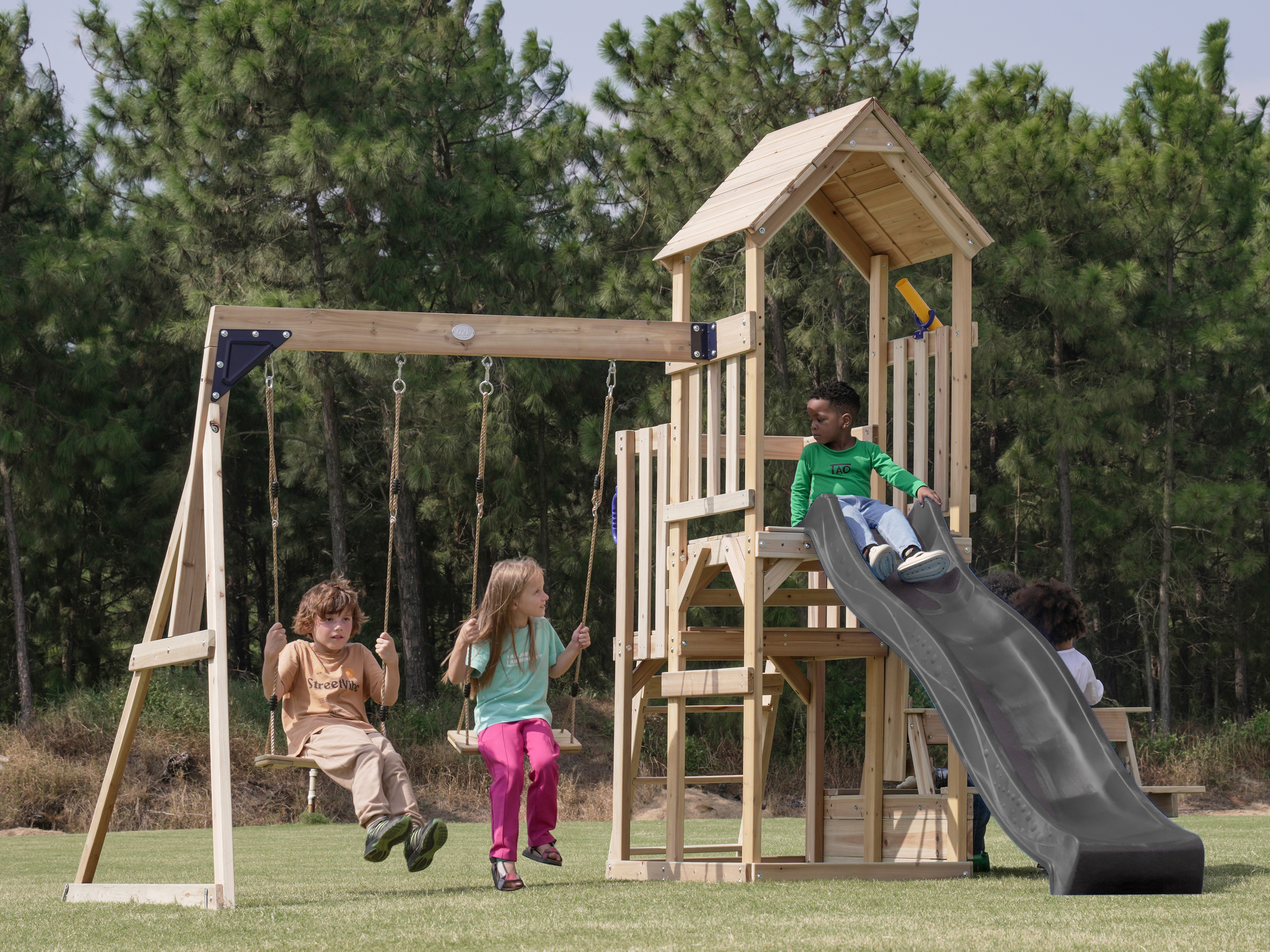 AXI Mette Climbing Frame with Double Swing Set and Picnic Table - Grey Slide