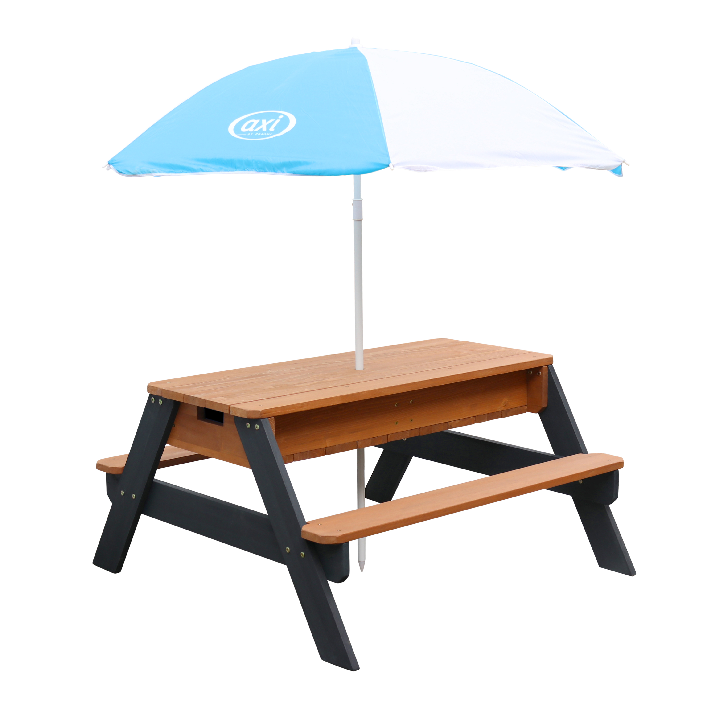 AXI Nick Zand & Water Picknicktafel Antraciet/bruin Limited - Parasol Blauw/wit