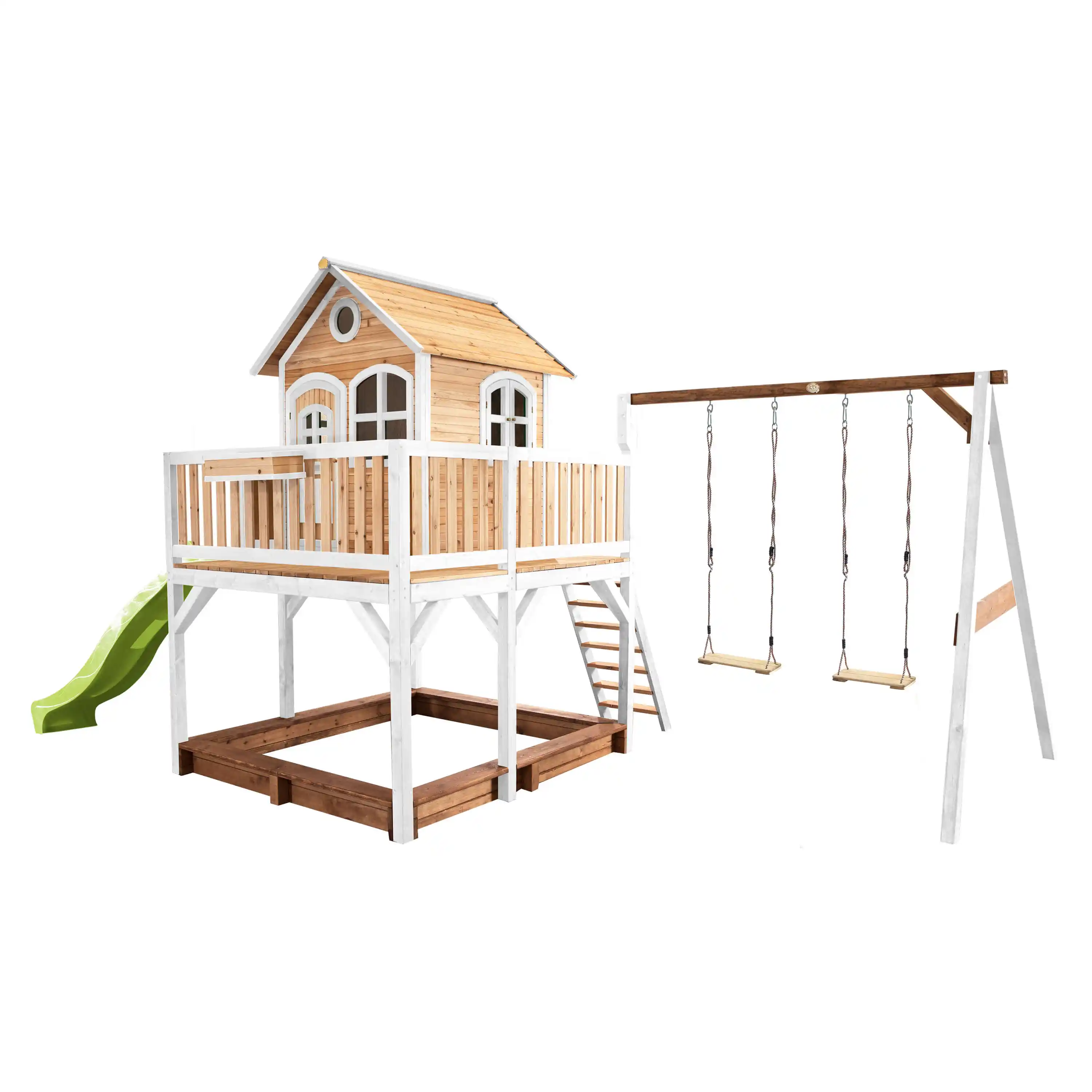 AXI Liam Playhouse with Double Swing Set Brown/White - Lime Green Slide