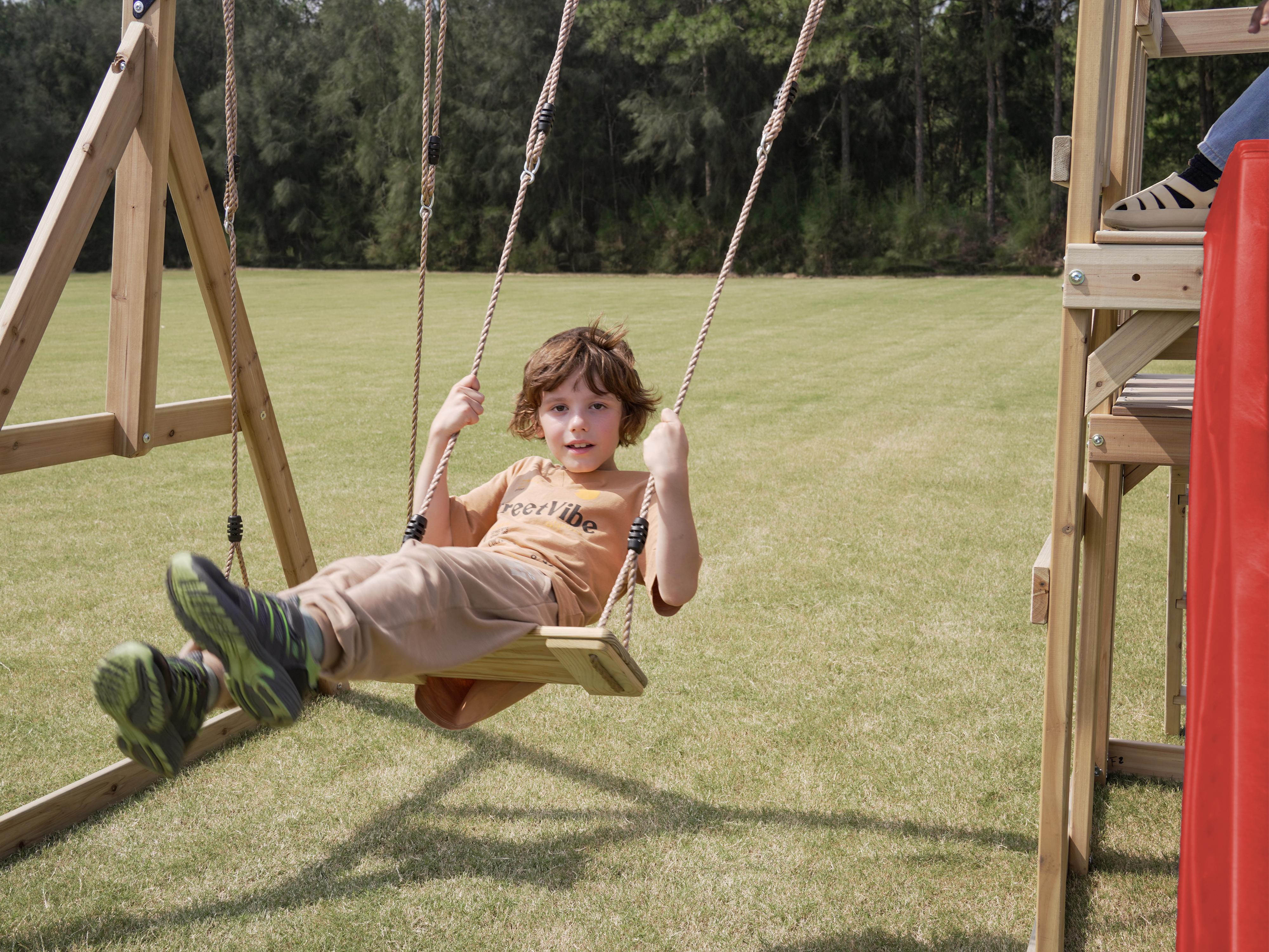 AXI Mette Climbing Frame with Double Swing Set and Picnic Table - Red Slide