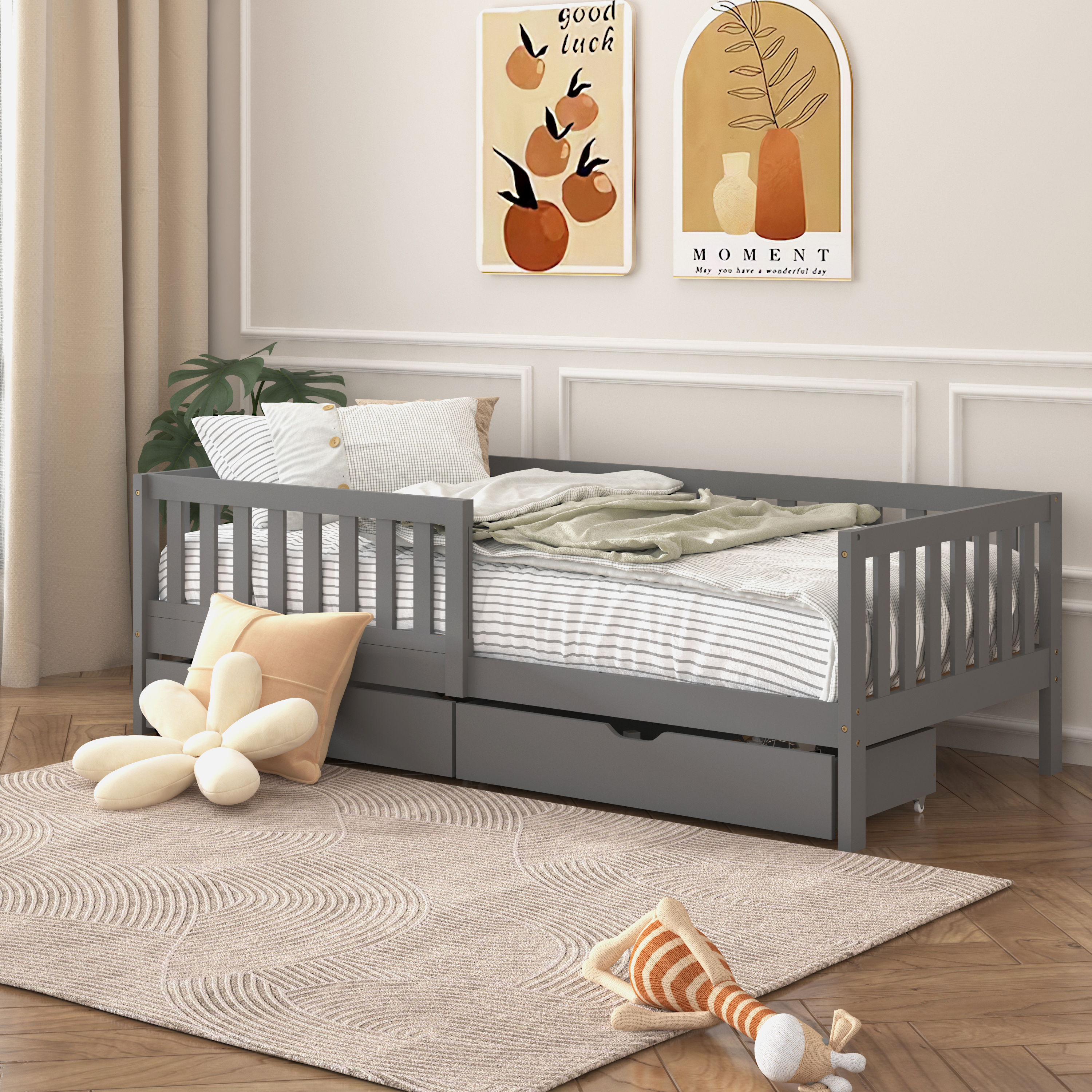 Sunny Isa Kids Bed with 2 Storage Drawers and Guardrail Grey – Without Mattress
