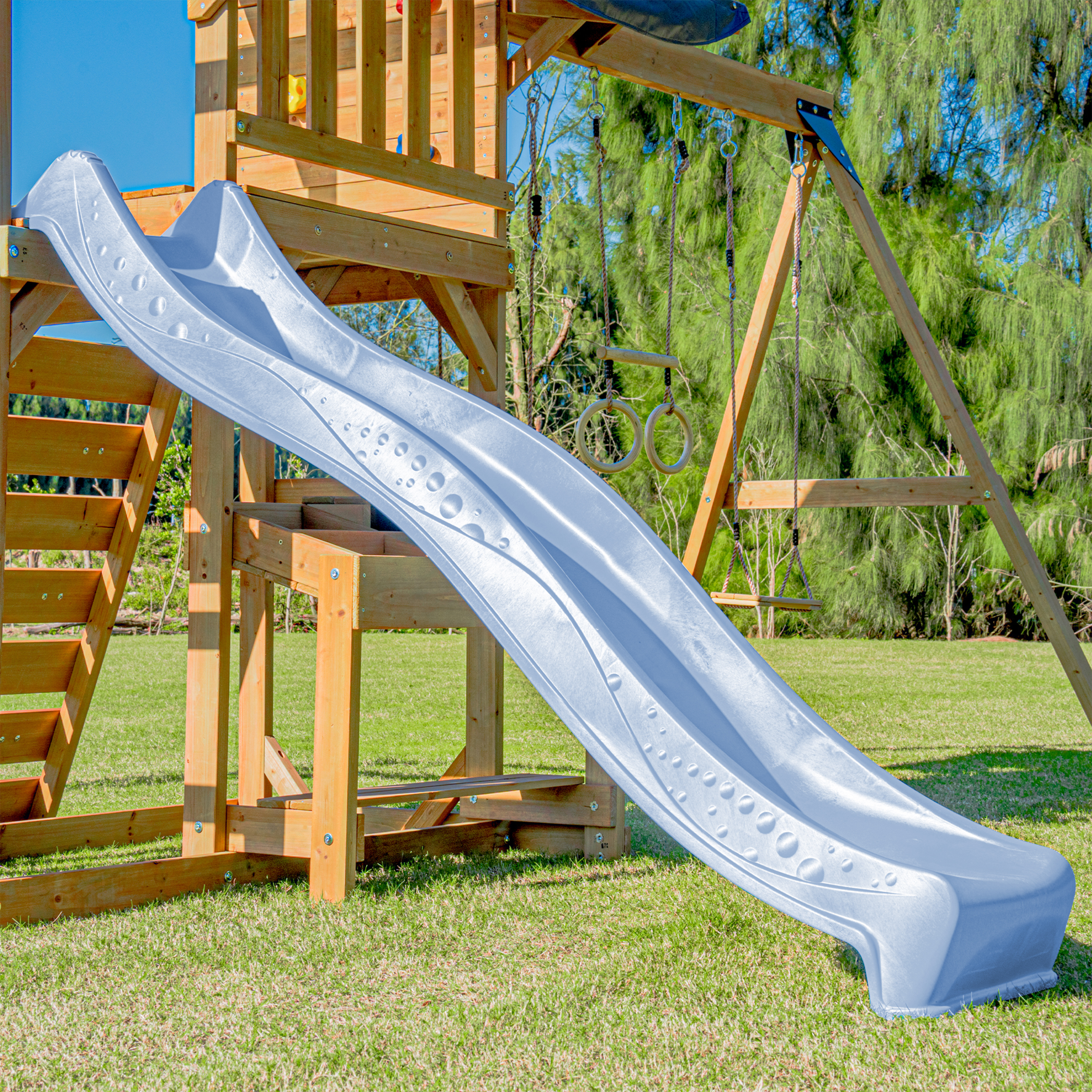 AXI Mitch Climbing Frame with Double Swing. Trapeze and Lookout Tower – Pastel Blue Slide