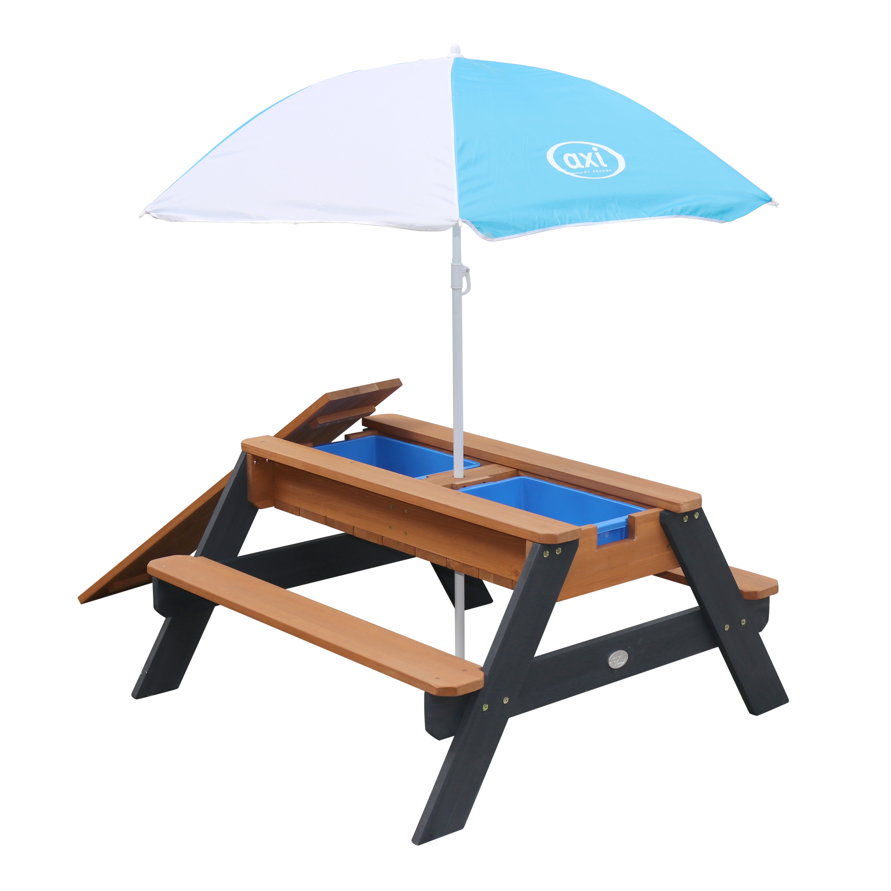 AXI Nick Zand & Water Picknicktafel Antraciet/bruin Limited - Parasol Blauw/wit