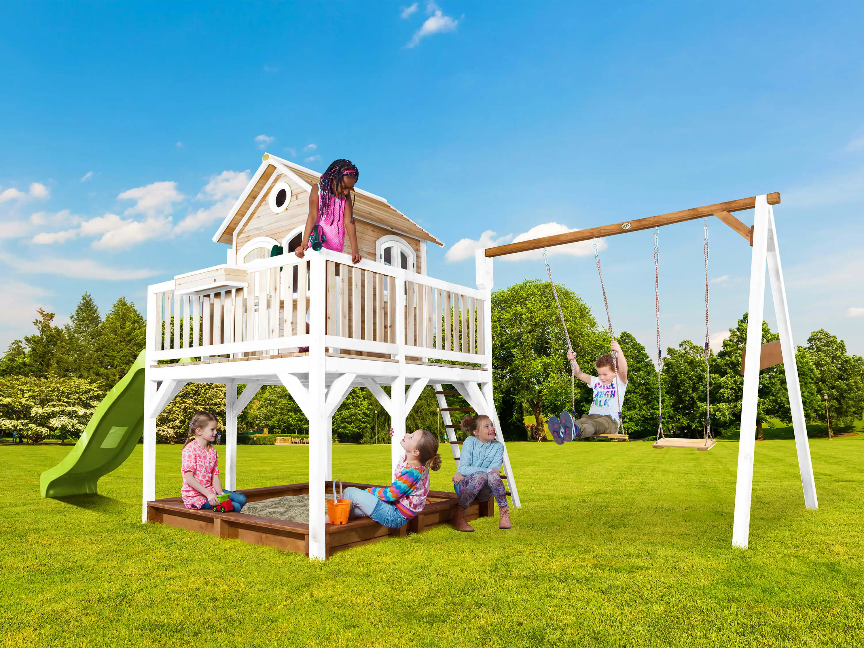 AXI Liam Playhouse with Double Swing Set Brown/White - Lime Green Slide