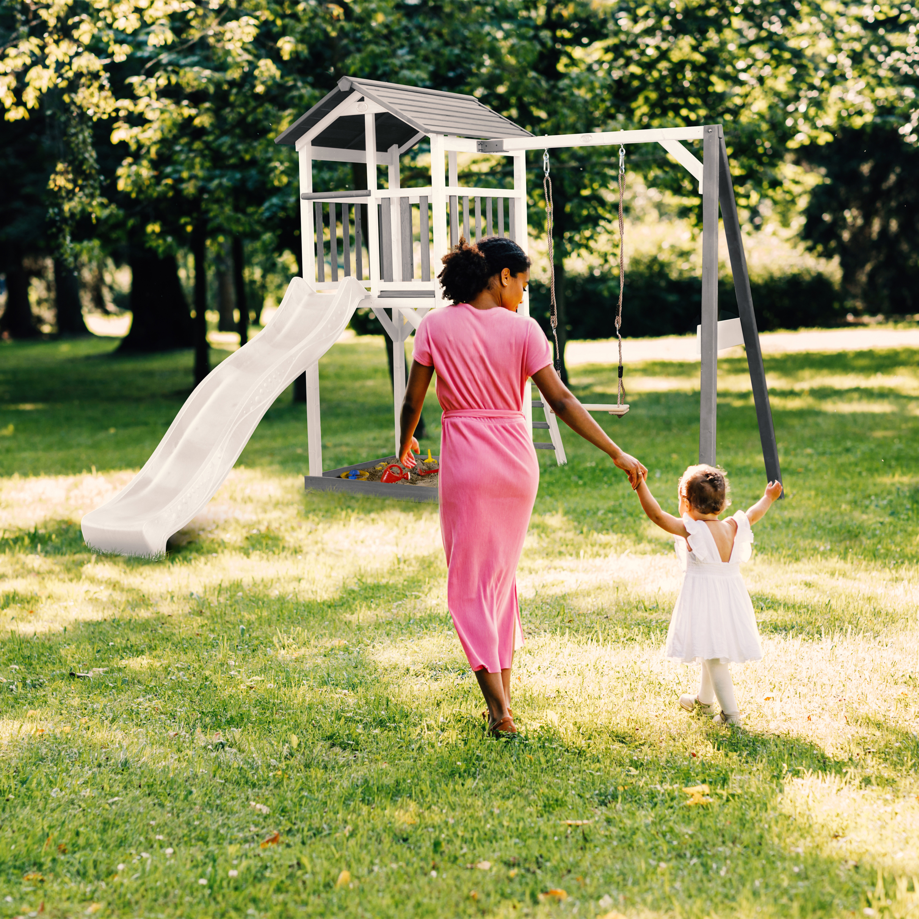 AXI Beach Tower with Single Swing Set Grey/White - White Slide