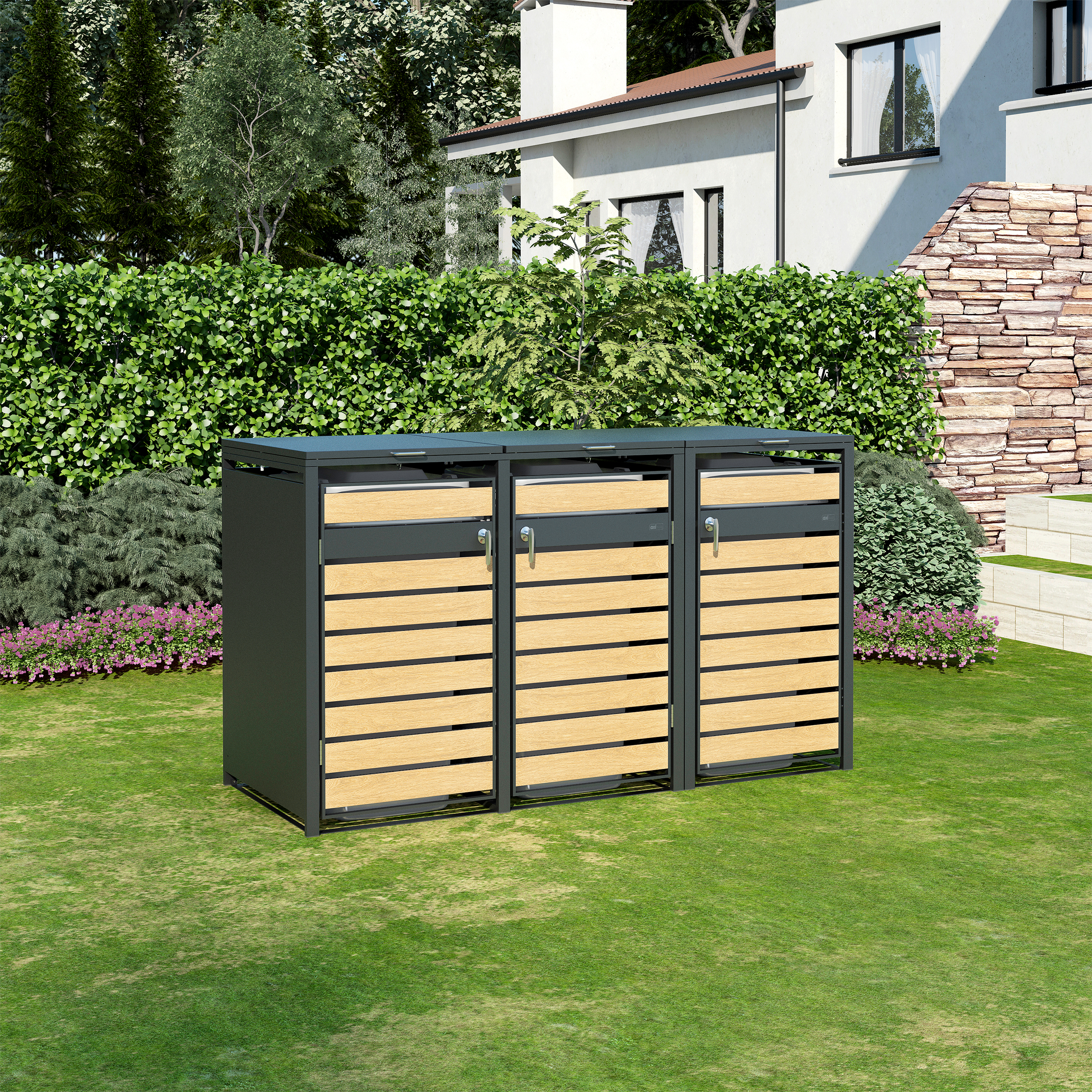 AXI Lucas Metal Garbage Bin Shed Anthracite/Wood look - 3 Garbage Bins