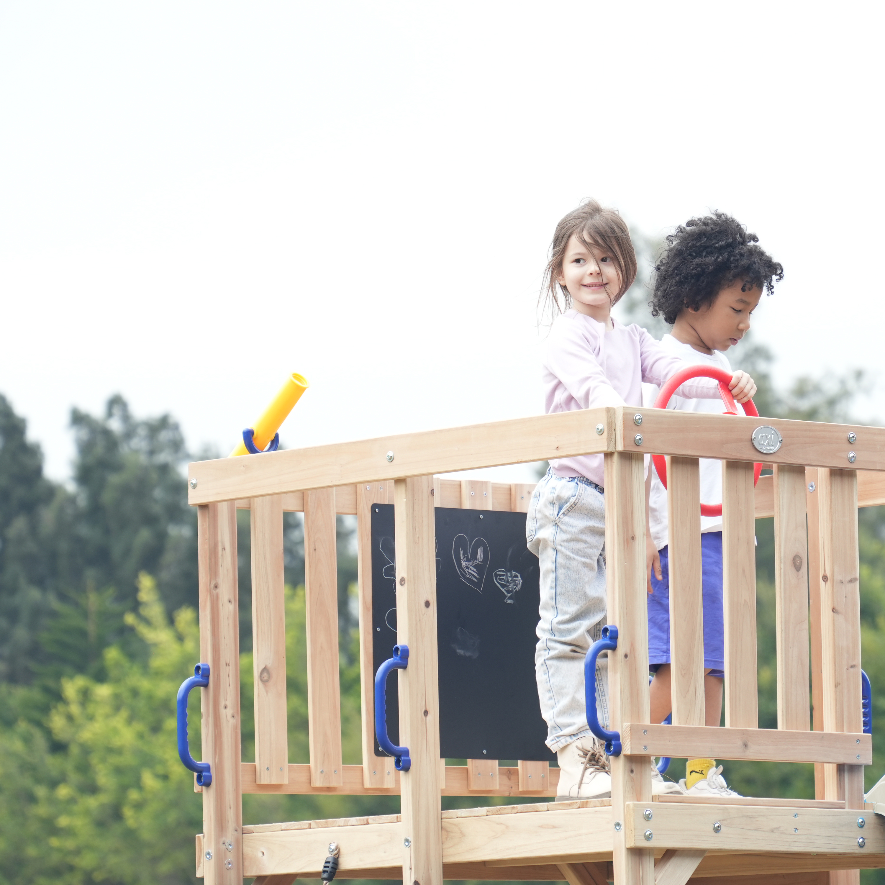 AXI Sam Climbing Frame with Climbing Wall. Climbing Net and Monkey Bars – Blue Slide