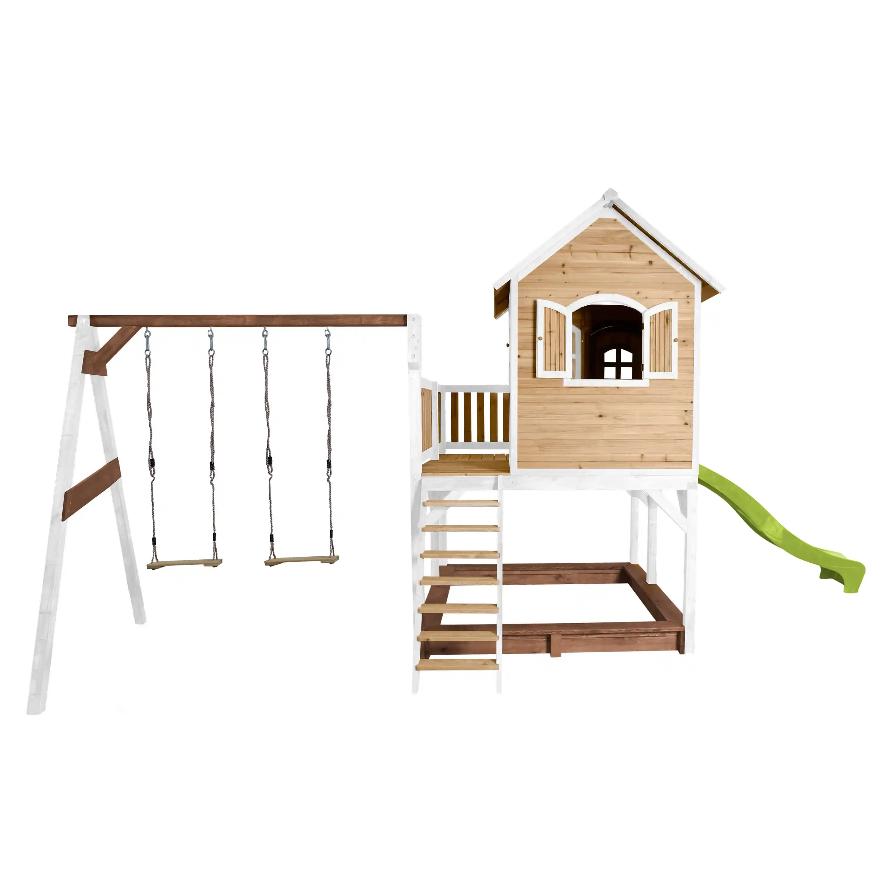 AXI Liam Playhouse with Double Swing Set Brown/White - Lime Green Slide