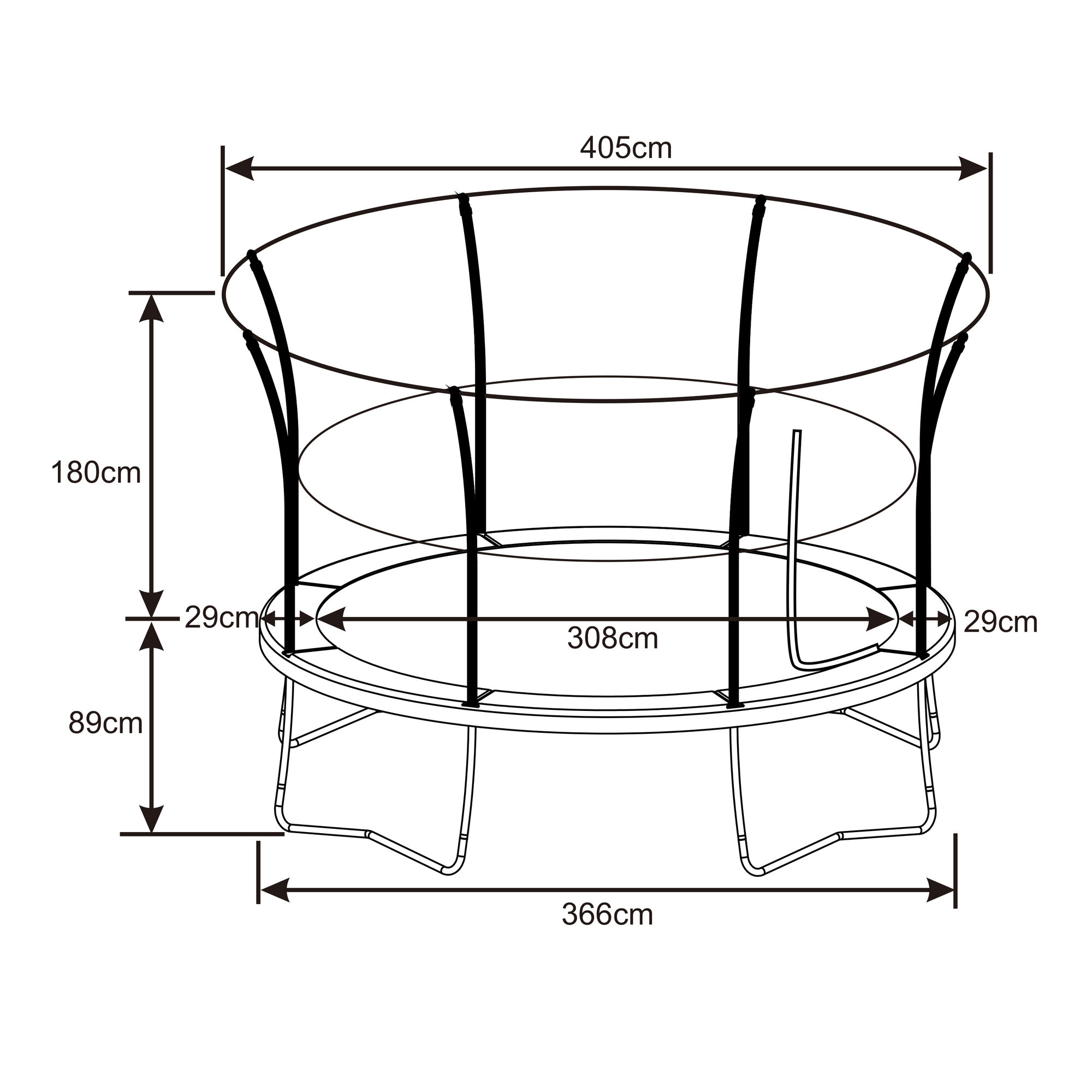 maattekening AXI Denver Trampoline 12ft - Onground - Zwart