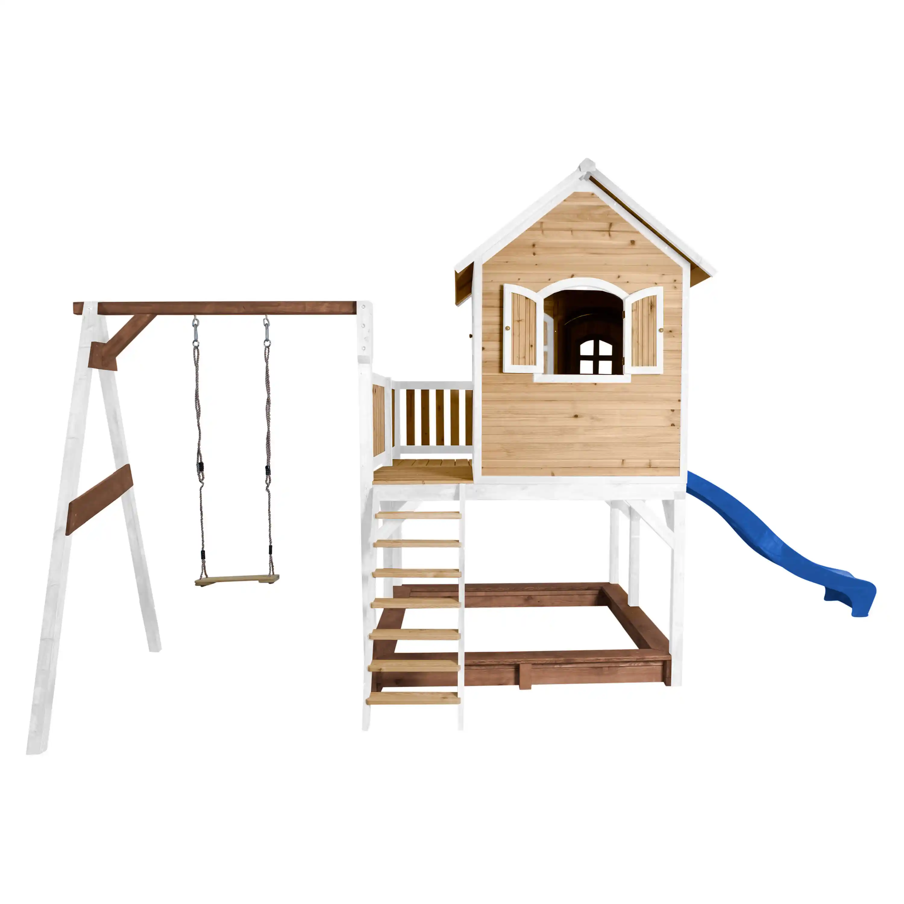 AXI Liam Playhouse with Single Swing Set Brown/White - Blue Slide