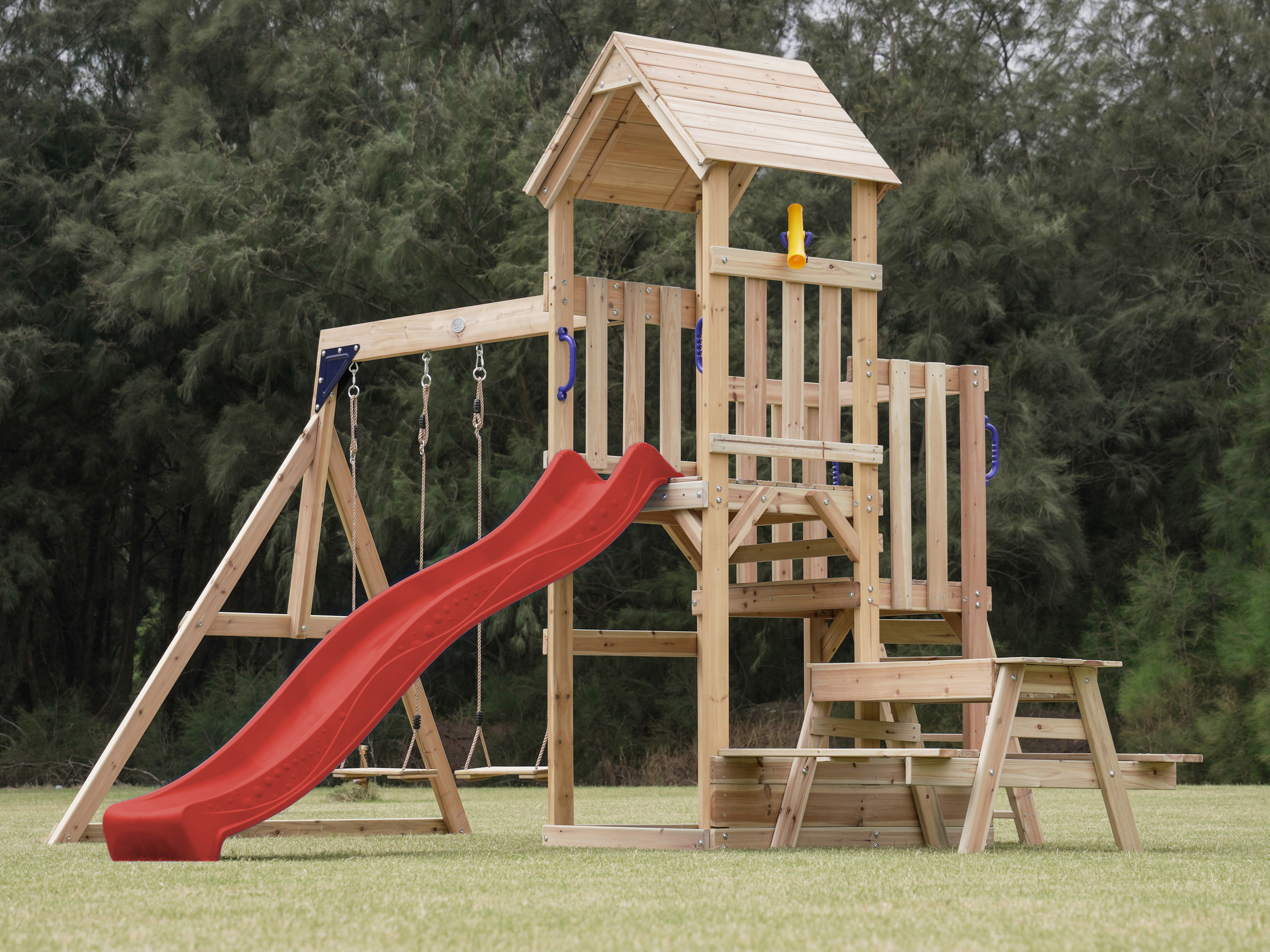 AXI Mette Climbing Frame with Double Swing Set and Picnic Table - Red Slide