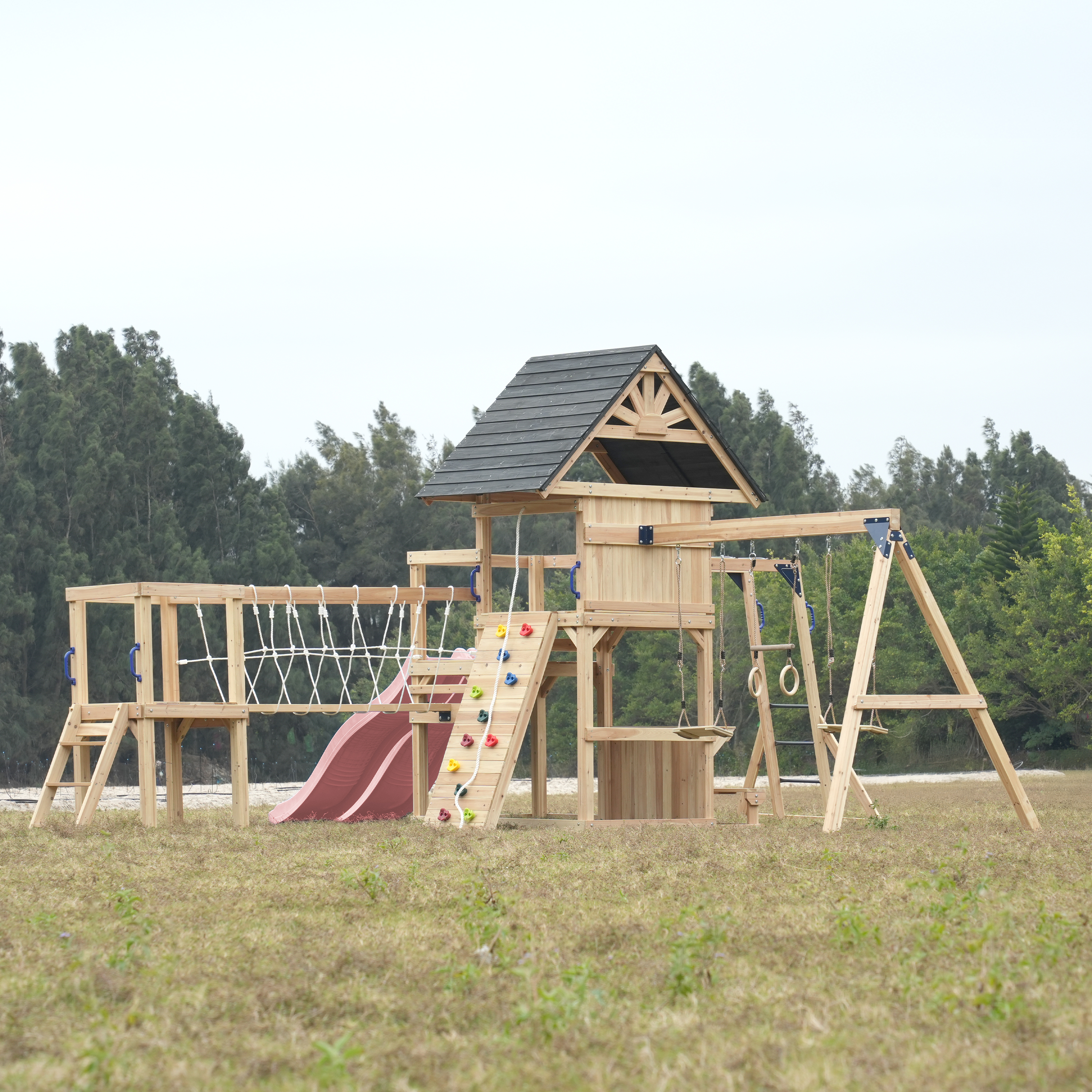 AXI Hunter Climbing Frame with Swings, Climbing Frame, Climbing Bridge and Multiple Platforms – Pastel Pink Double Slide