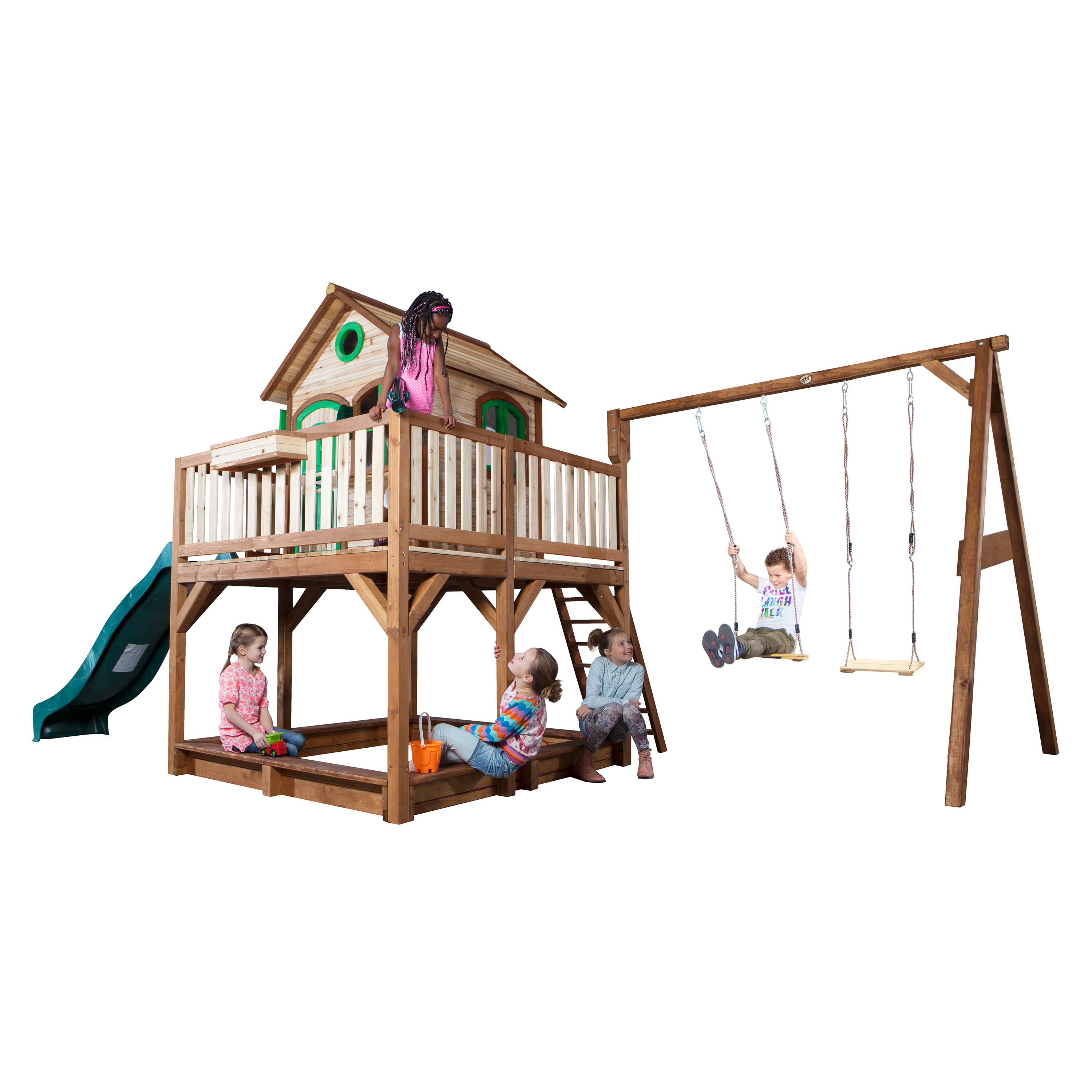 AXI Liam Playhouse with Double Swing Set Brown/Green - Green Slide