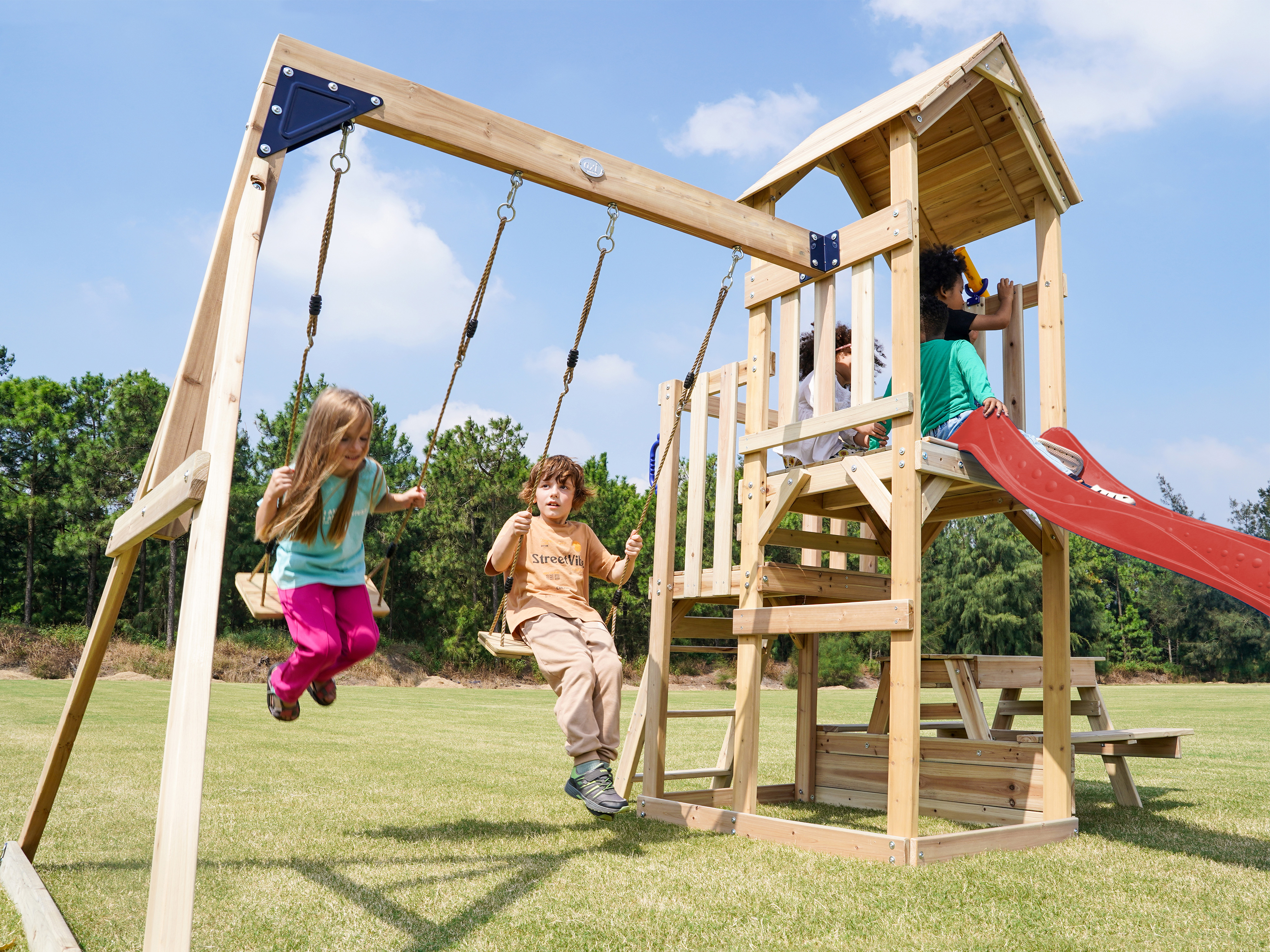 AXI Mette Climbing Frame with Double Swing Set and Picnic Table - Red Slide