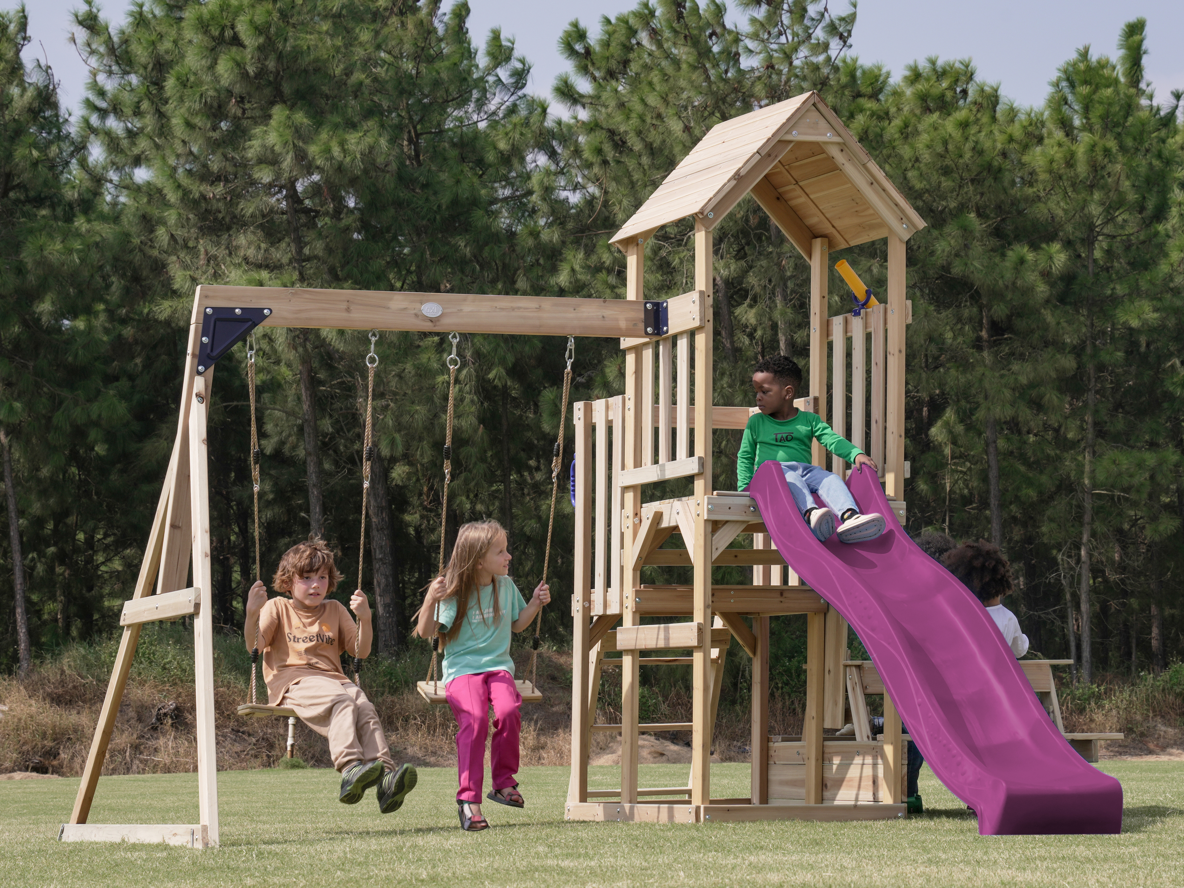 AXI Mette Climbing Frame with Double Swing Set and Picnic Table - Purple Slide