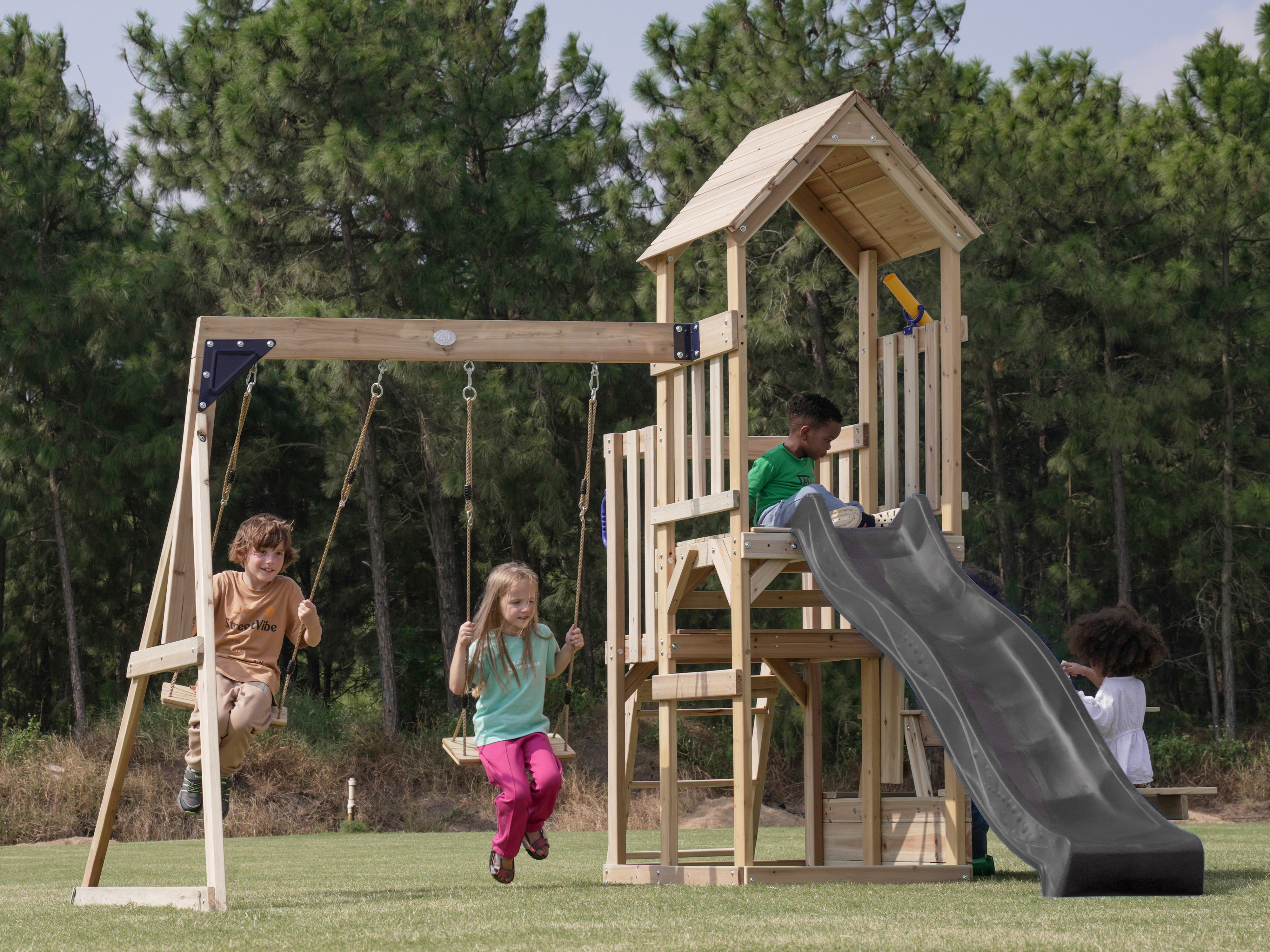 AXI Mette Climbing Frame with Double Swing Set and Picnic Table - Grey Slide