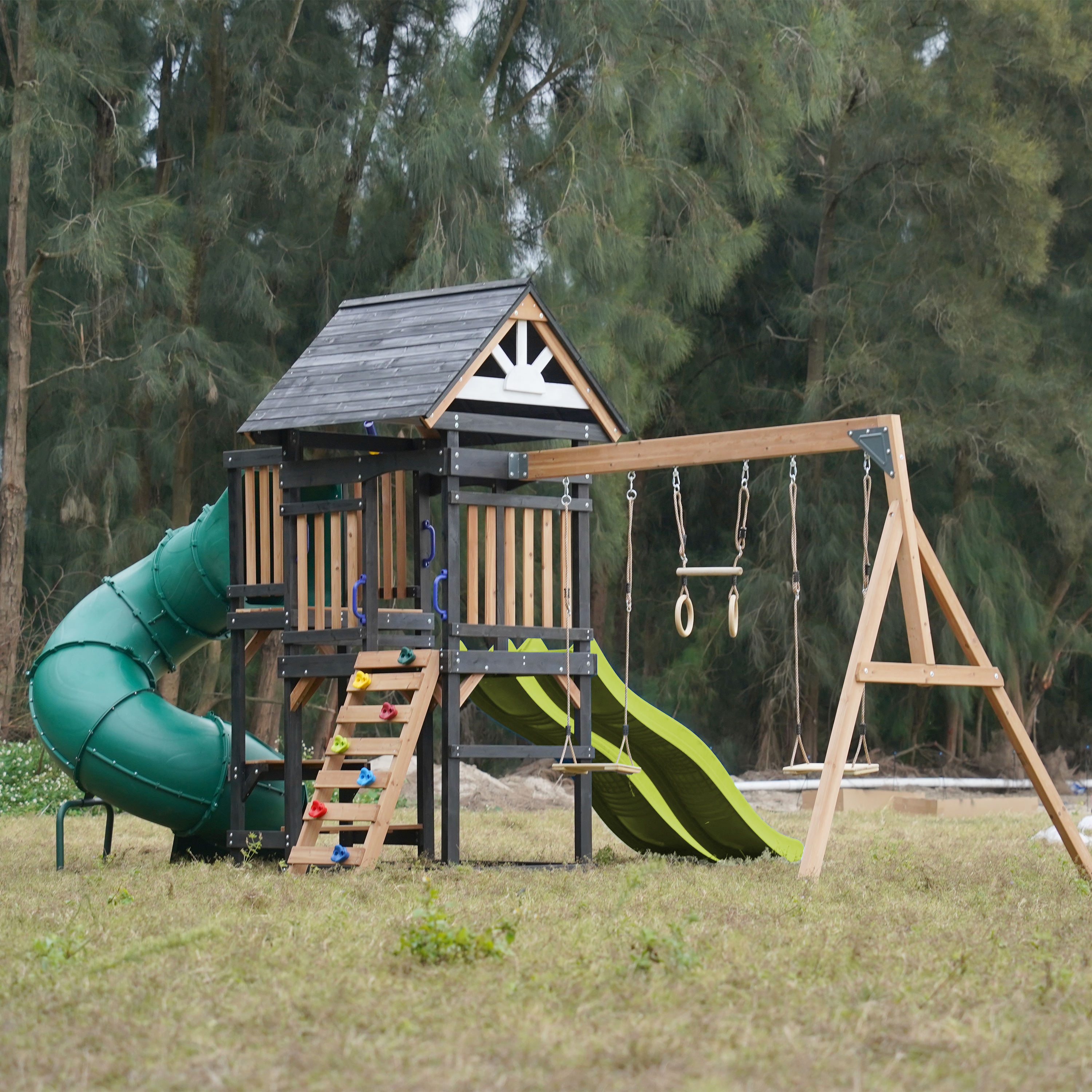 AXI Cody Climbing Frame with Swings, Trapeze and Climbing Wall – Lime Green Double Slide and Tube Slide