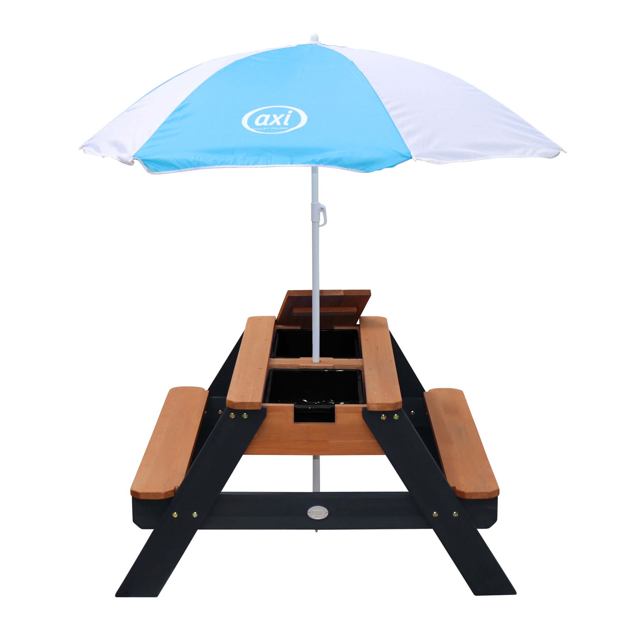 productfoto AXI Nick Zand & Water Picknicktafel Antraciet/bruin - Parasol Blauw/wit