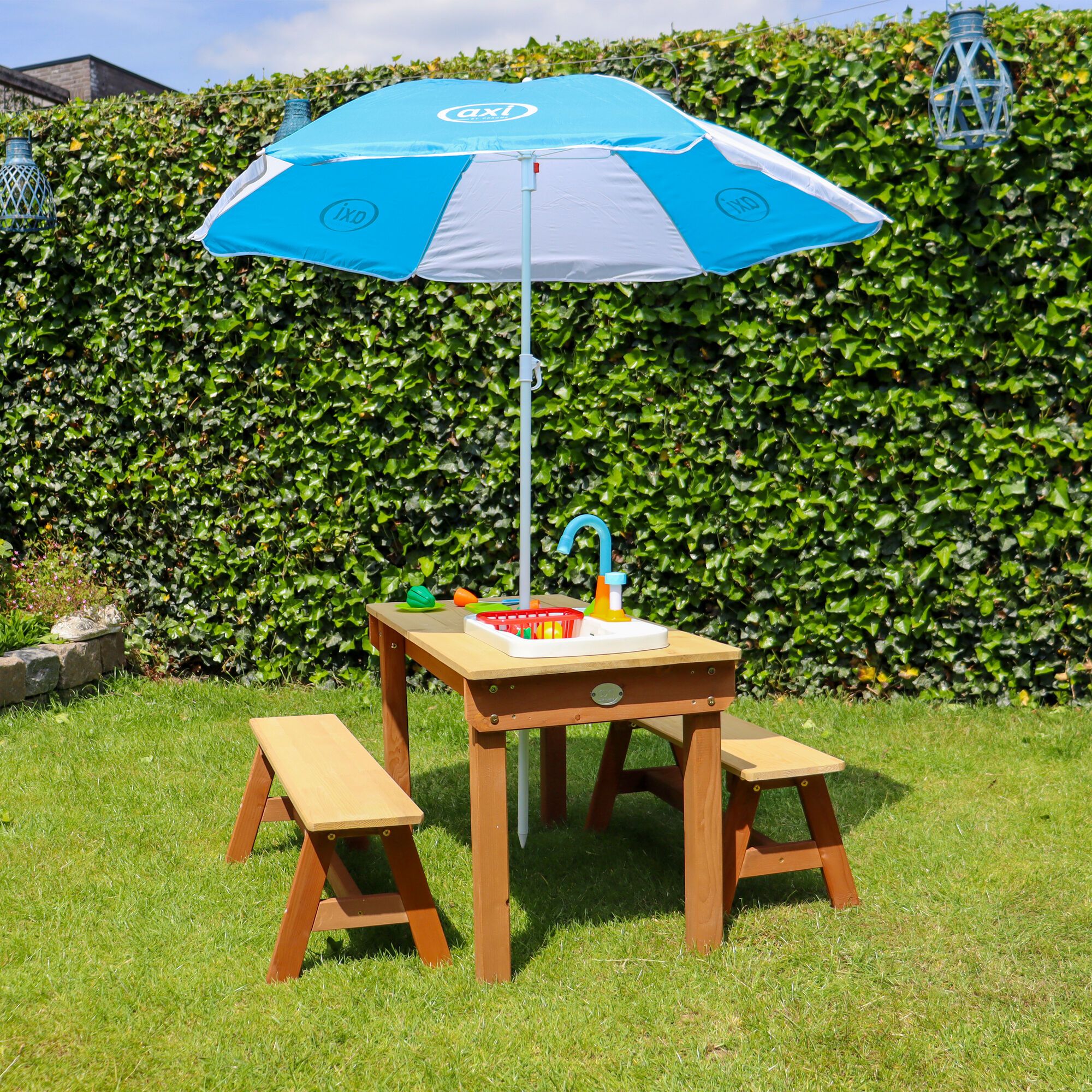 AXI Dennis Sand & Water Picnic Table with Play Kitchen Sink and Benches Brown - Umbrella Blue/White