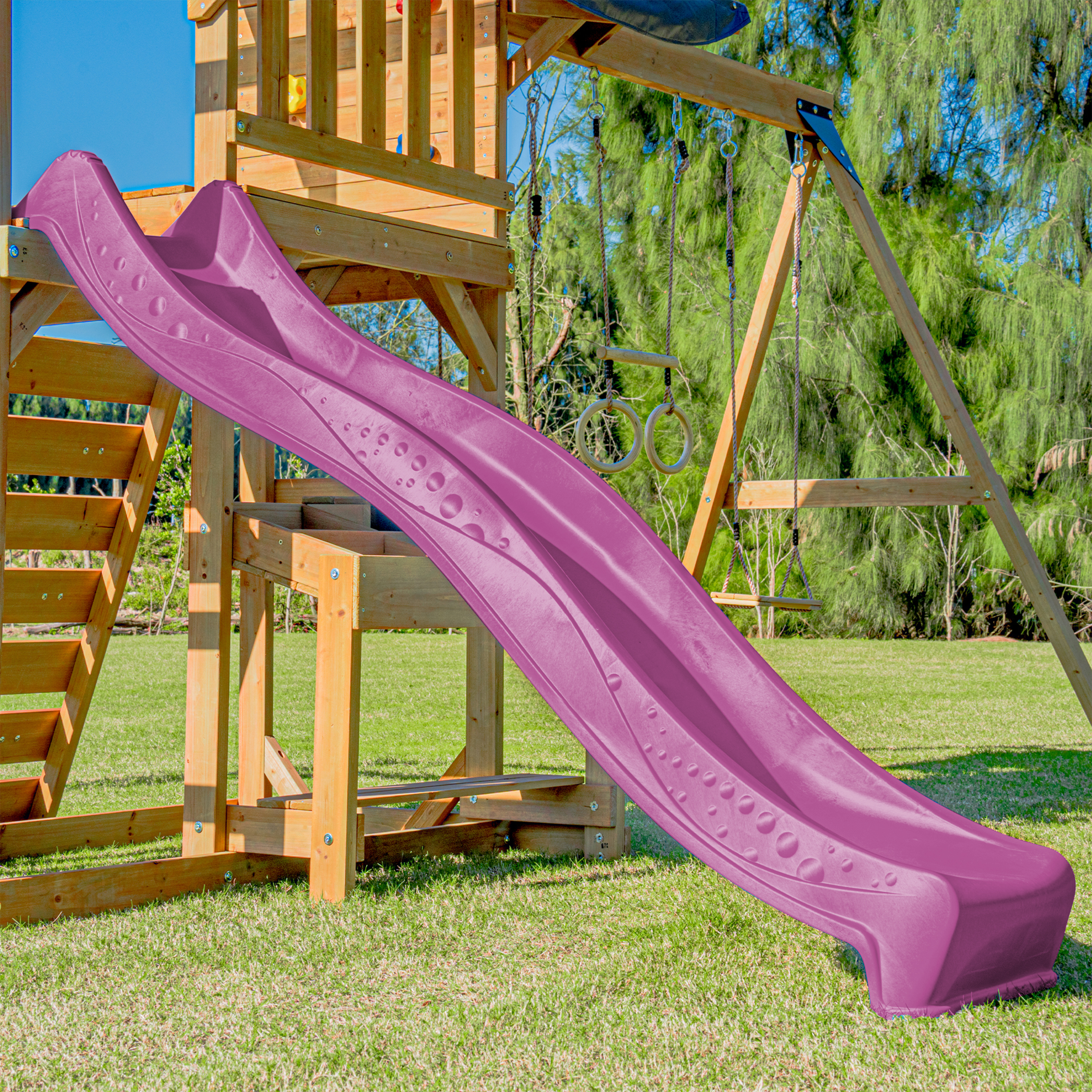 AXI Mitch Climbing Frame with Double Swing. Trapeze and Lookout Tower – Purple Slide