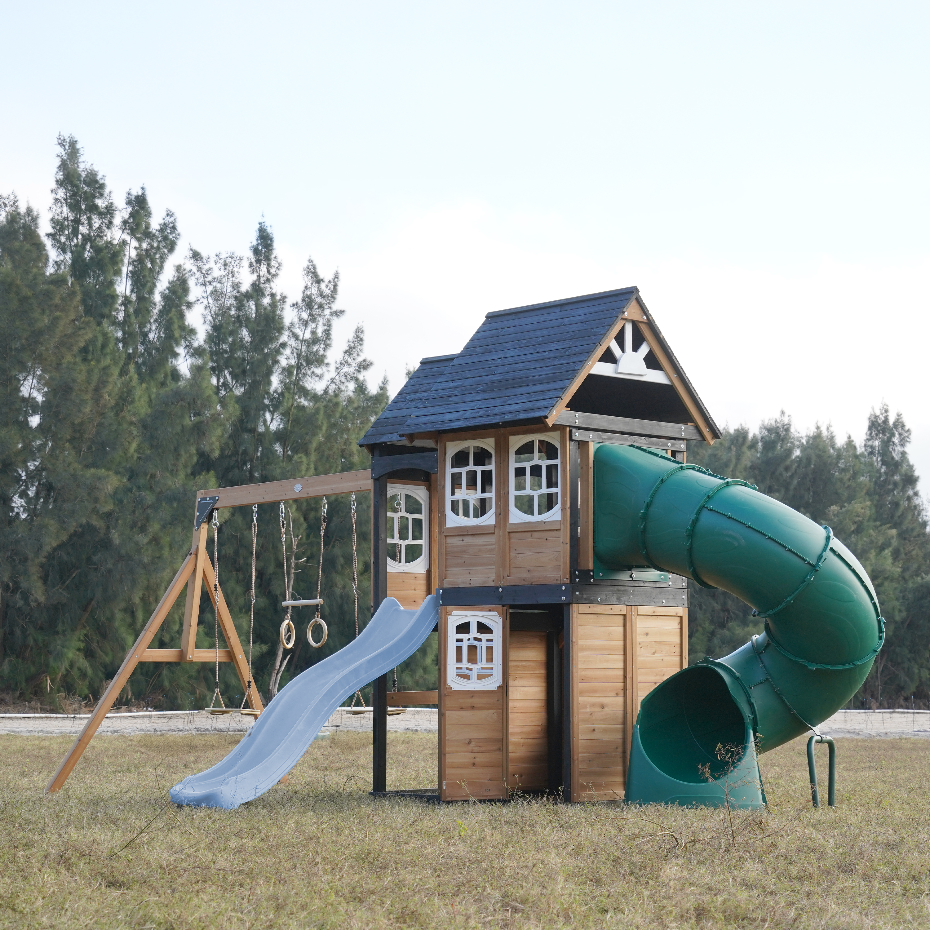 AXI Noud Climbing Frame with Playhouse, Swings, Trapeze and Climbing Wall – Pastel Blue Slide and Tube Slide