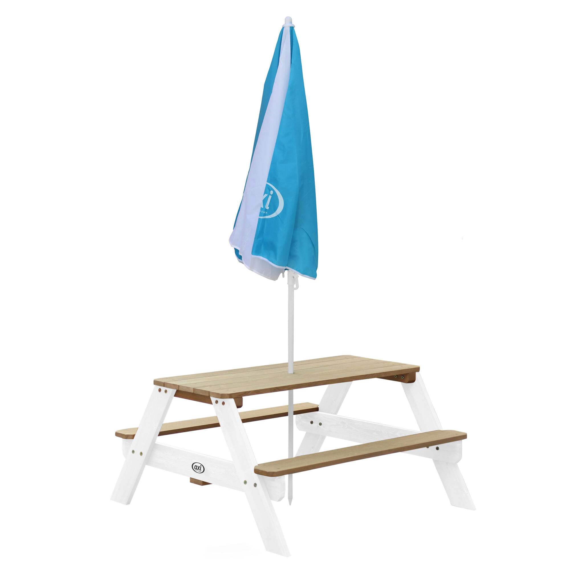 productfoto AXI Nick Picknicktafel Bruin/wit - Parasol Blauw/wit